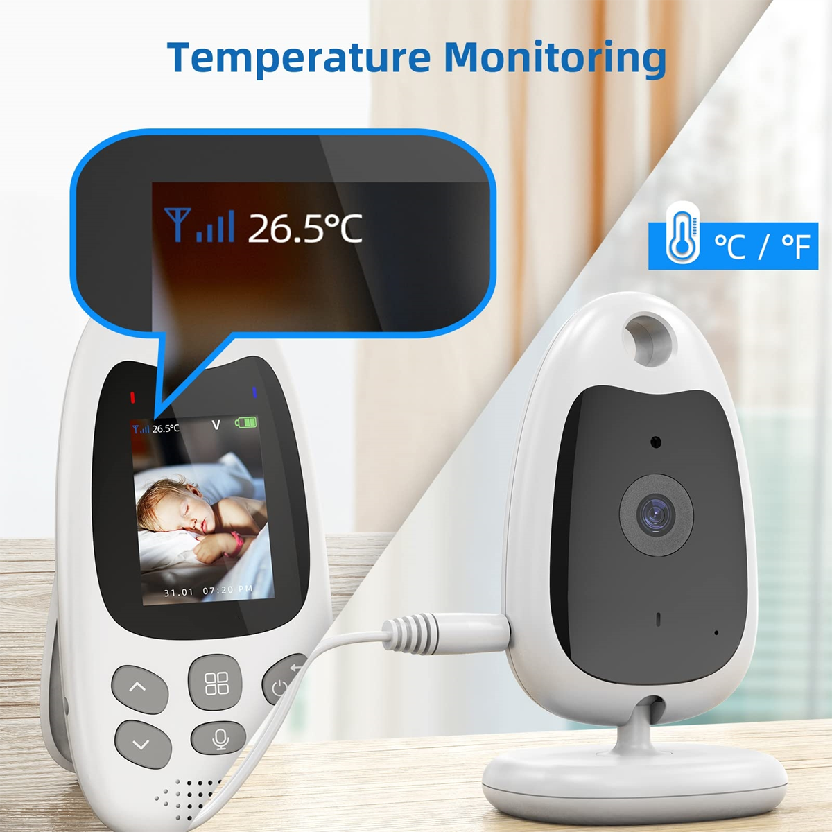 Babyphone mit Bildschirm, zeigt schlafendes Baby und Temperaturdetails.