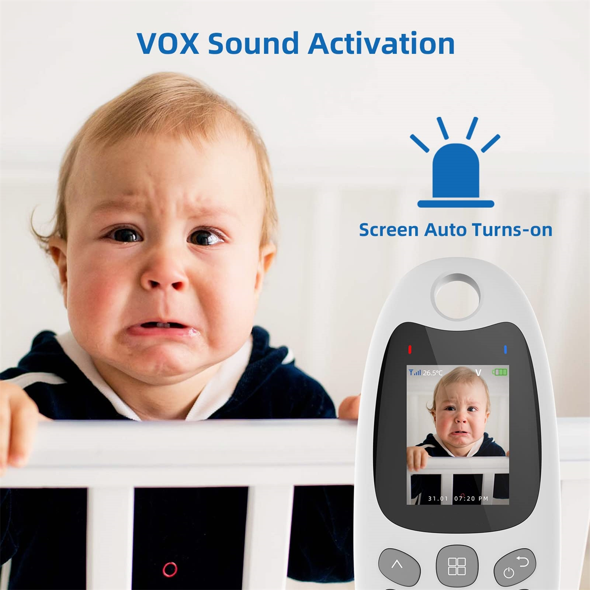 Ein weinendes Baby in einem Kinderbett mit einem Babyphone, das das Gesicht des Babys zeigt.