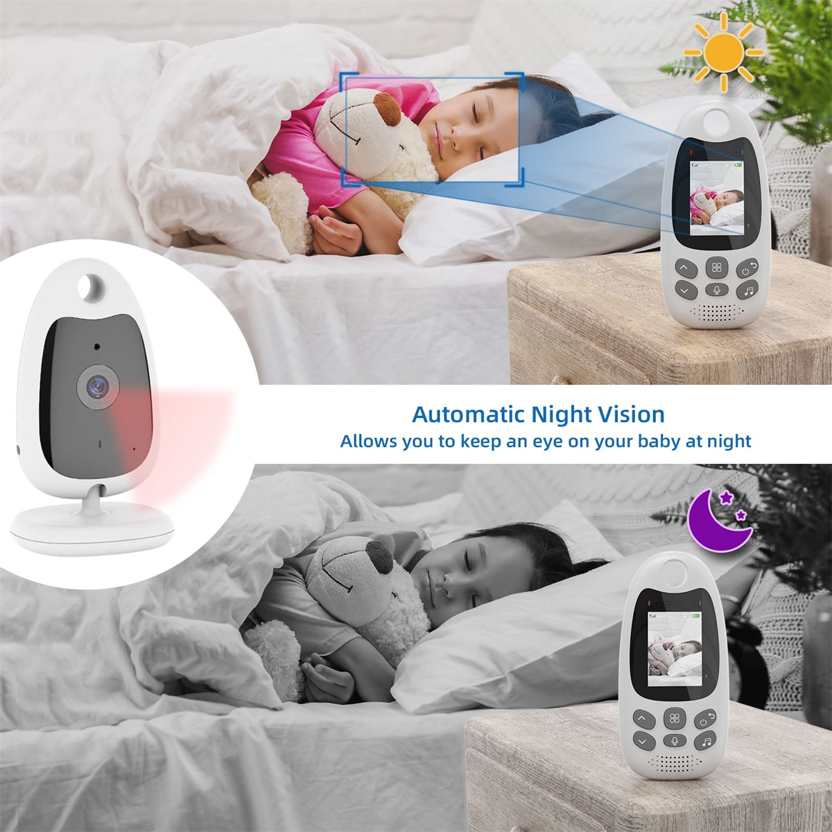 Babyphone mit schlafendem Kind im Bett, zeigt den Monitor und das schlafende Kind im Hintergrund.