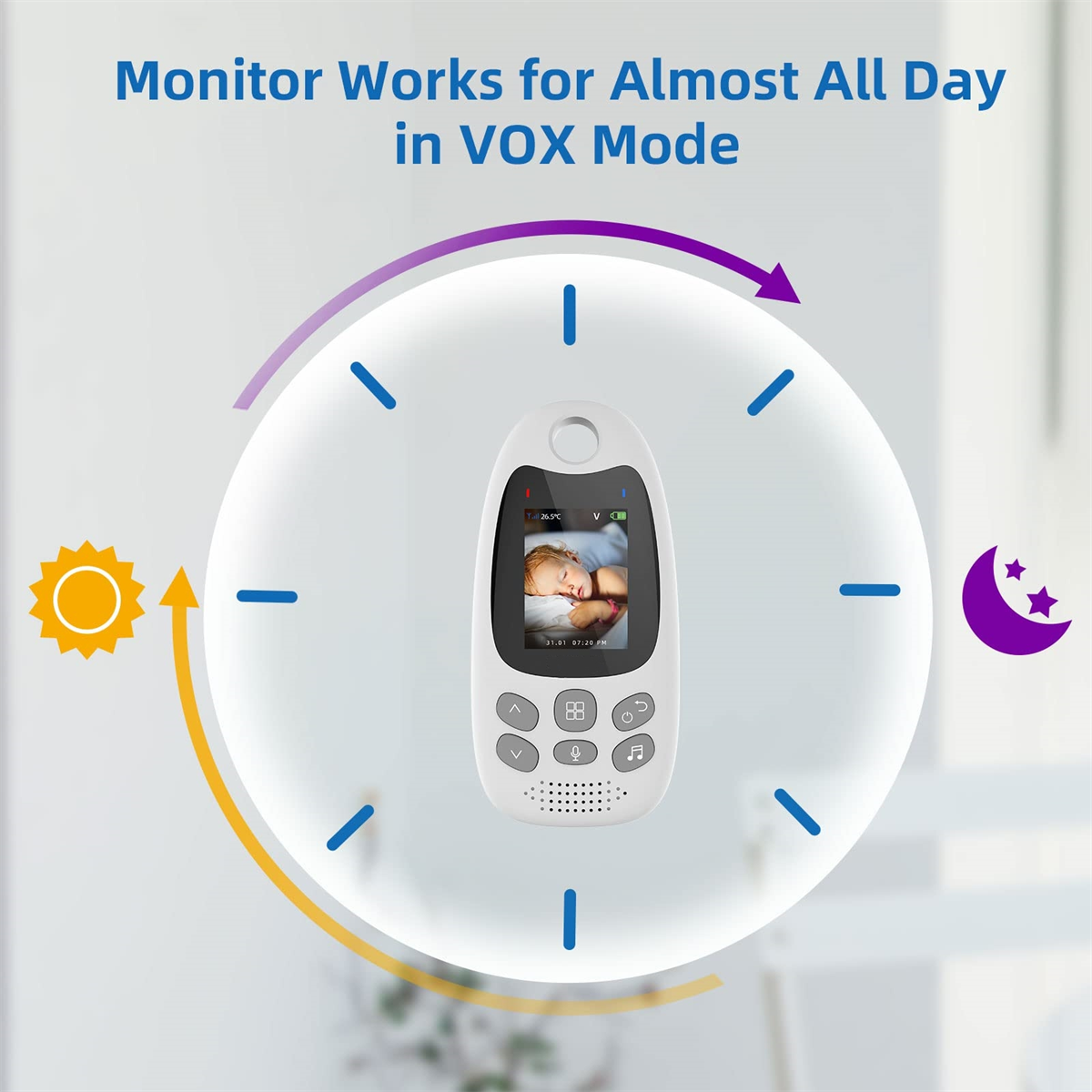Babyphone mit schlafendem Baby. Umgeben von einer Uhr mit Sonnen- und Mondsymbol.