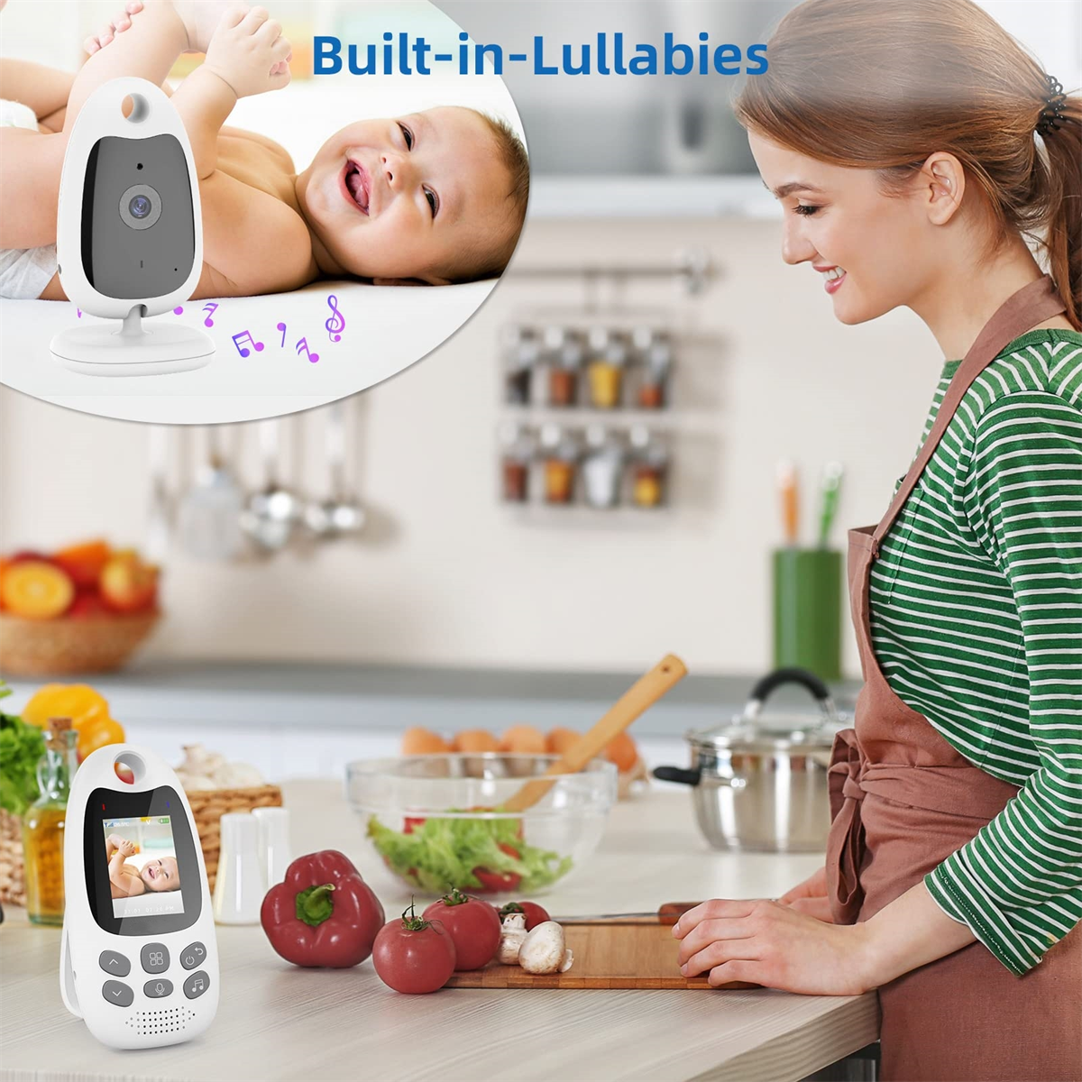 Ein Babyphone mit Baby, Frau im Hintergrund bereitet Essen vor. Obst auf dem Tisch.