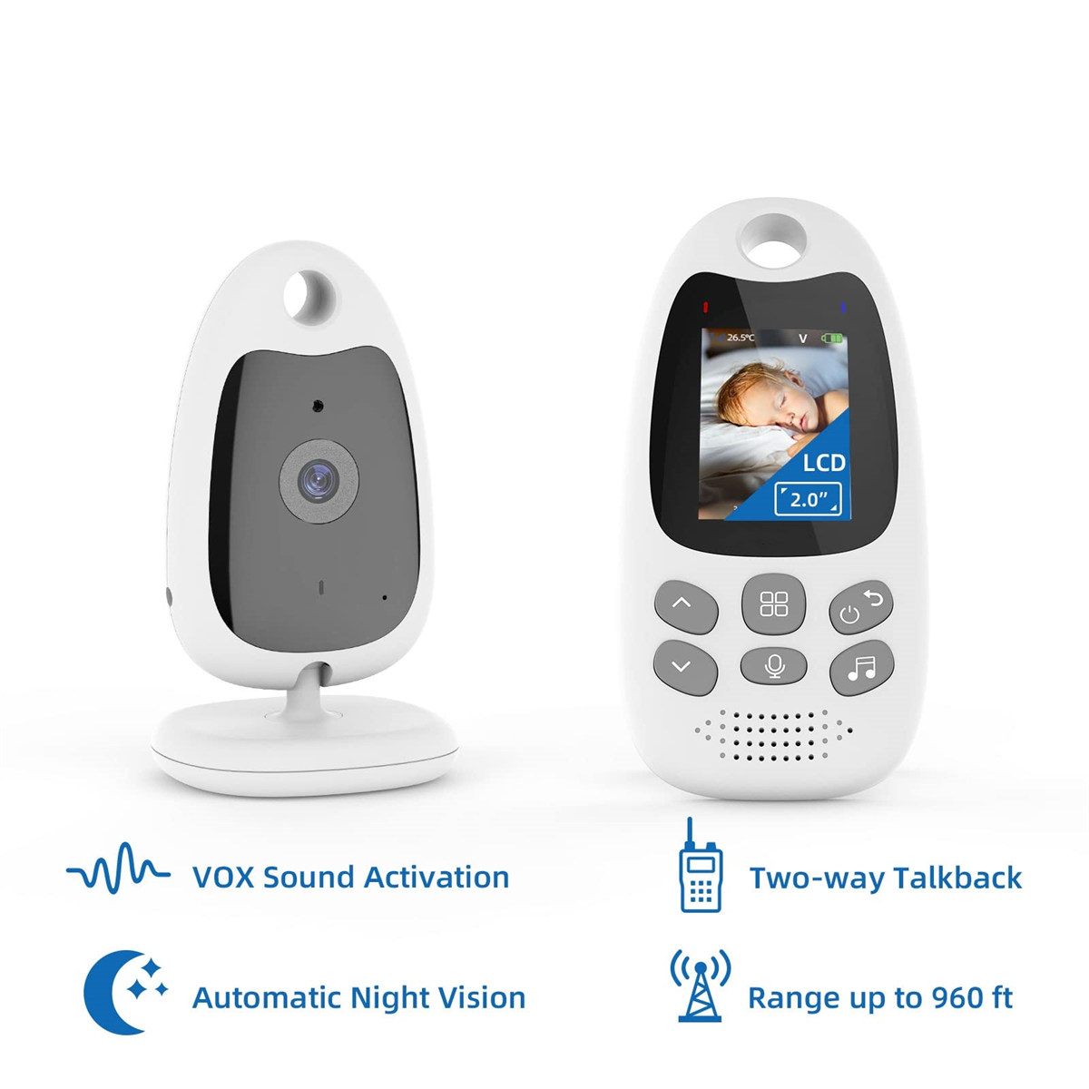 Babyphone mit Kamera und Empfänger, zeigt Babybild.