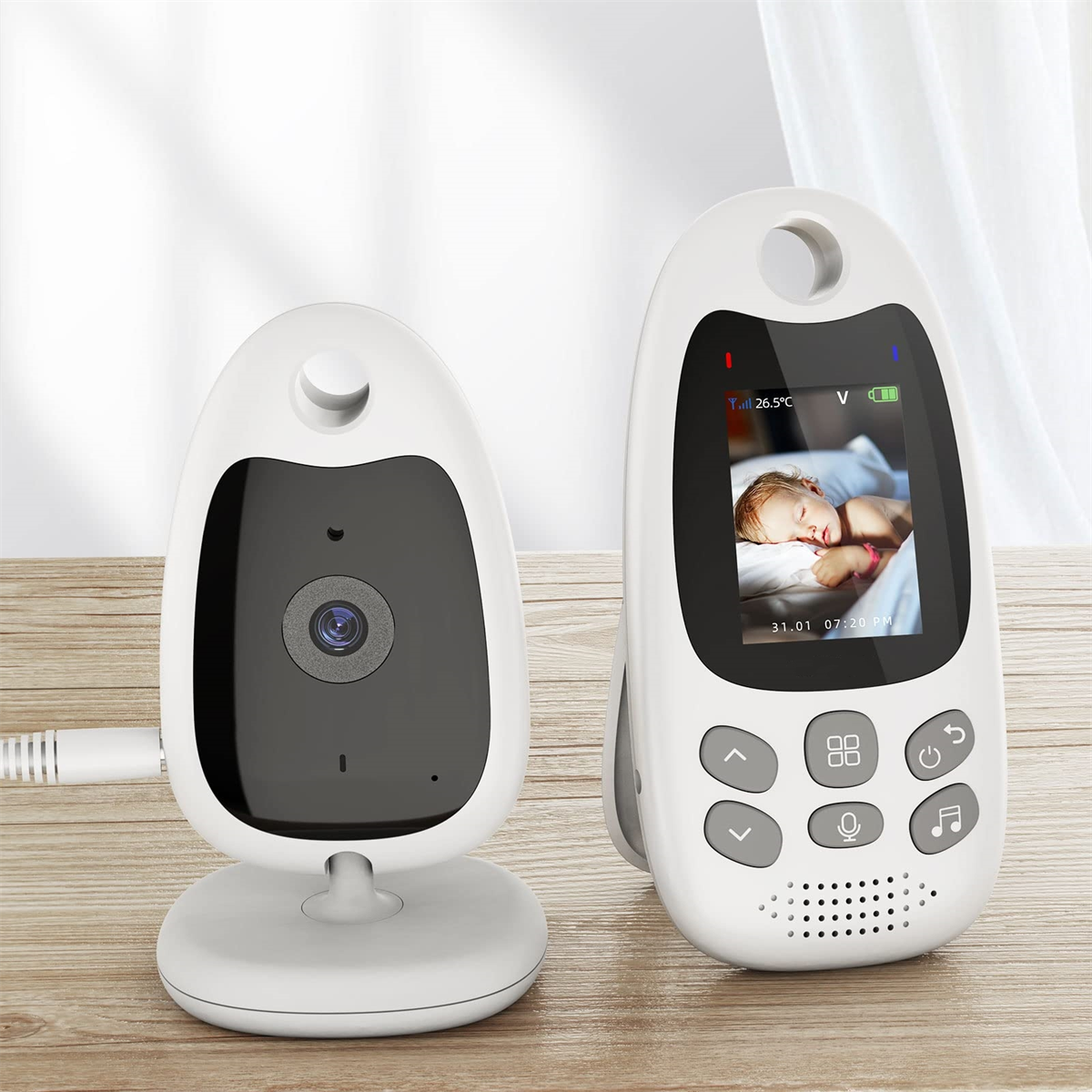Babyphone mit Kamera und Bildschirm. Der Bildschirm zeigt ein schlafendes Baby.