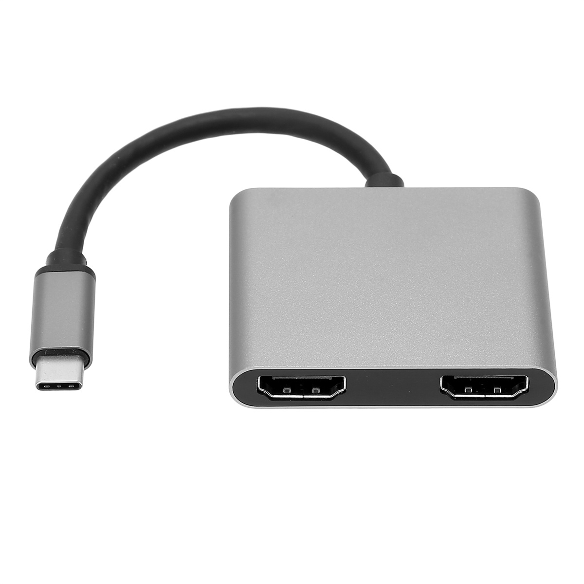 Ein grauer USB-C-zu-HDMI-Adapter. Ein Ende hat einen USB-C-Anschluss, das andere zwei HDMI-Anschlüsse.