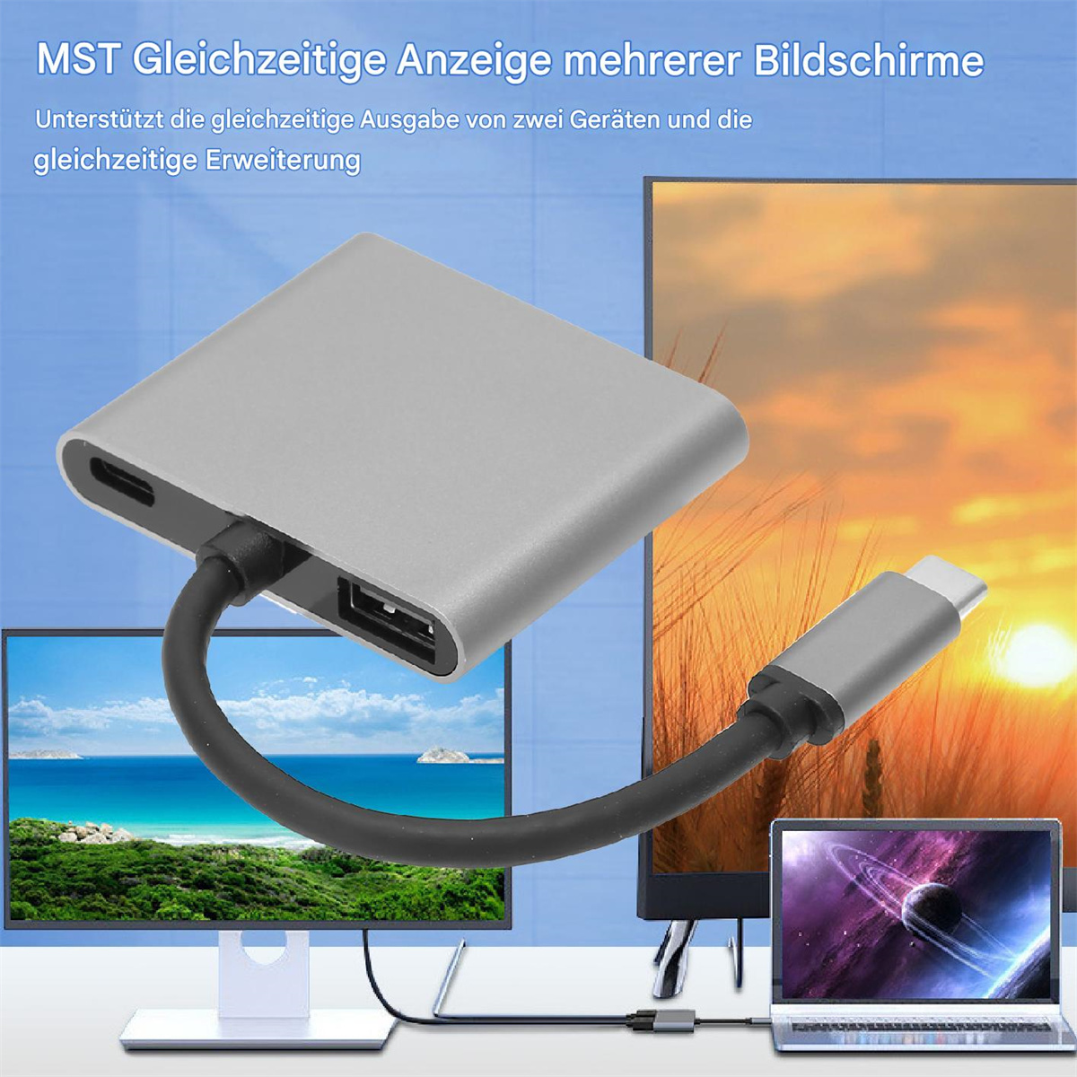 Ein silberner Adapter, der mit mehreren Bildschirmen verbunden ist. Das Bild zeigt einen Laptop und zwei Monitore.