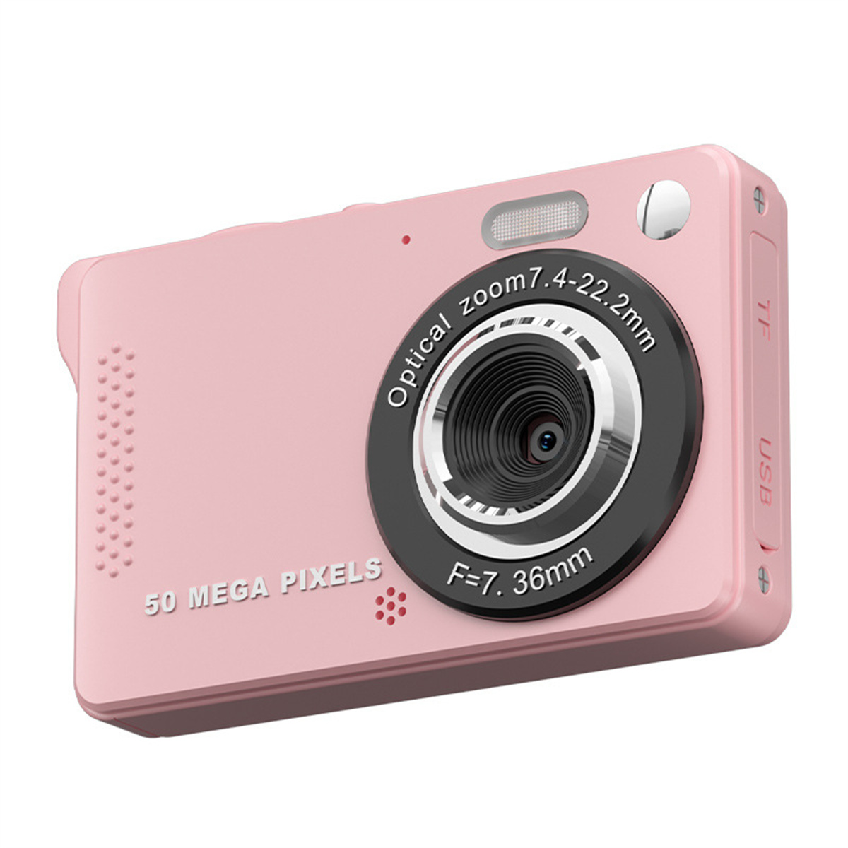 Rosa Digitalkamera mit schwarzem Objektiv und Display. Es hat einen 50 Megapixel-Aufkleber.