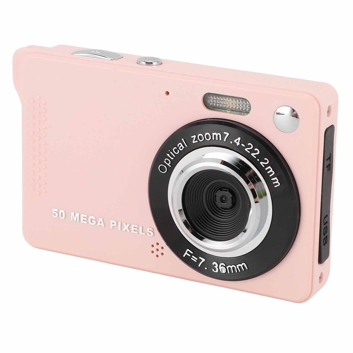 Rosa Digitalkamera mit Objektiv und Knöpfen. Weißer Hintergrund.