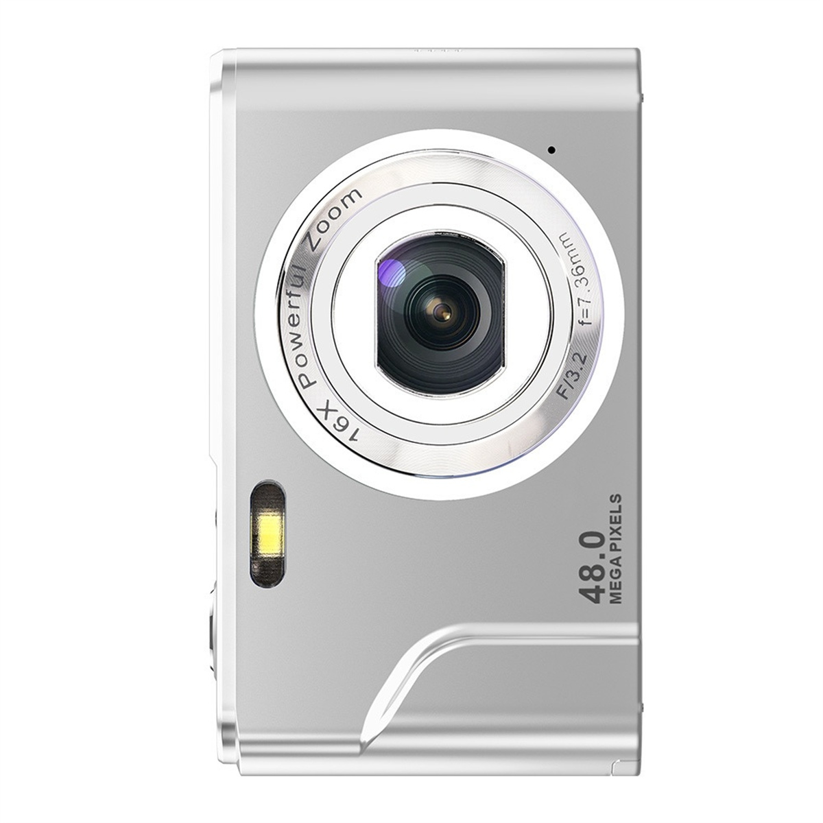 Eine silberne Digitalkamera. Sie zeigt ein Objektiv, Knöpfe und den Text „Powerful Zoom 16x“.