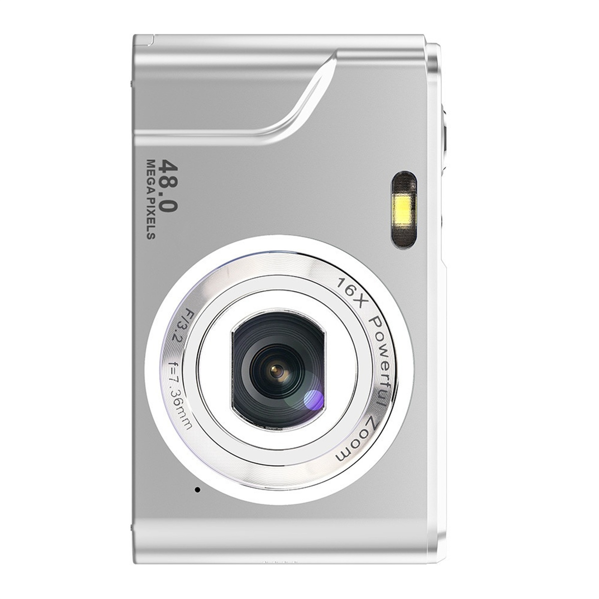 Eine silberne Digitalkamera mit 48,0 Megapixeln.