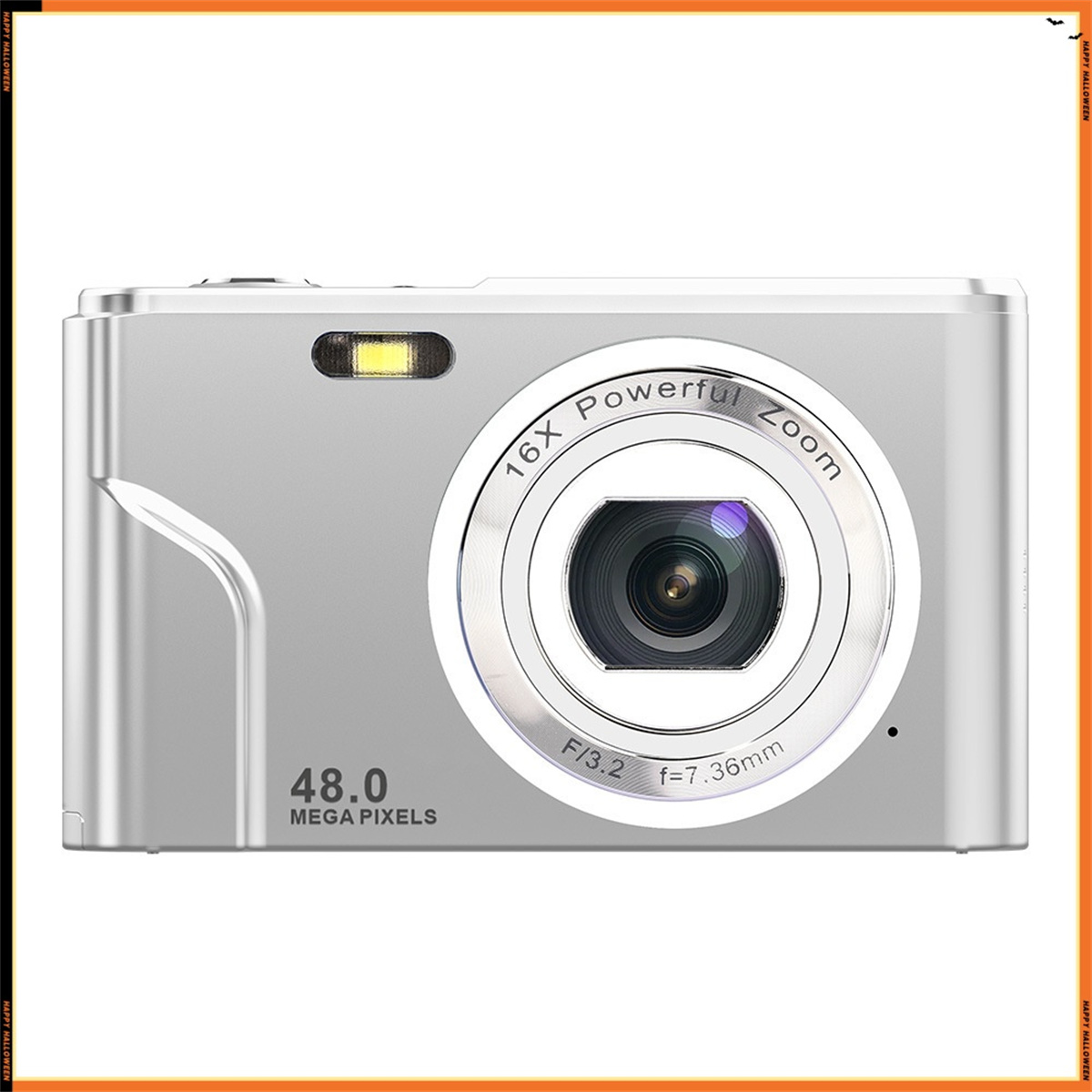Eine silberne Kamera mit einem leistungsstarken Zoomobjektiv, 48,0 Megapixeln und einem Halloween-Rahmen.