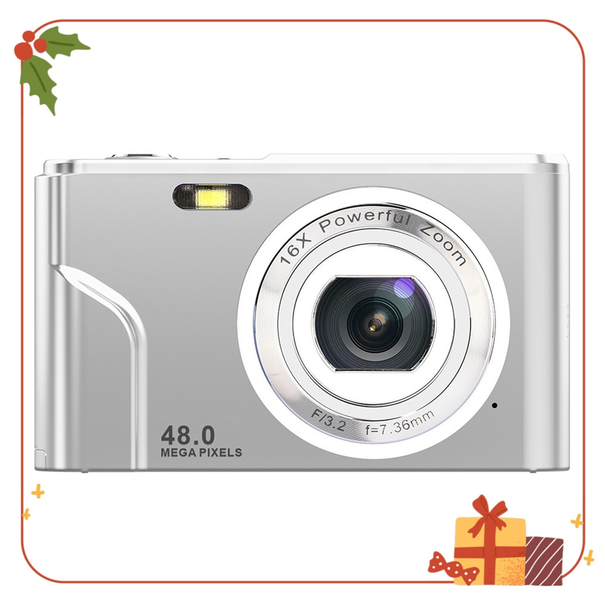 Silberne Kamera mit 16-fachem Zoom, Objektiv und 48,0 Megapixeln, mit Weihnachtsdekorationen.