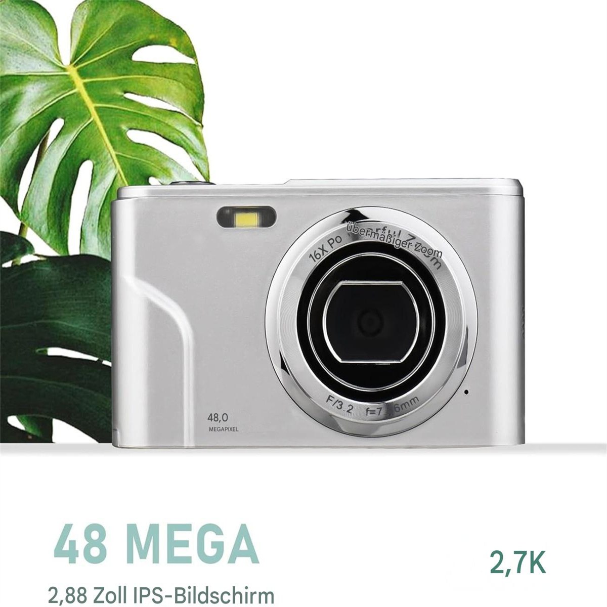 Eine silberne Digitalkamera mit Objektiv, Knöpfen und Bildschirm. Darunter steht der Text '48 MEGA'.
