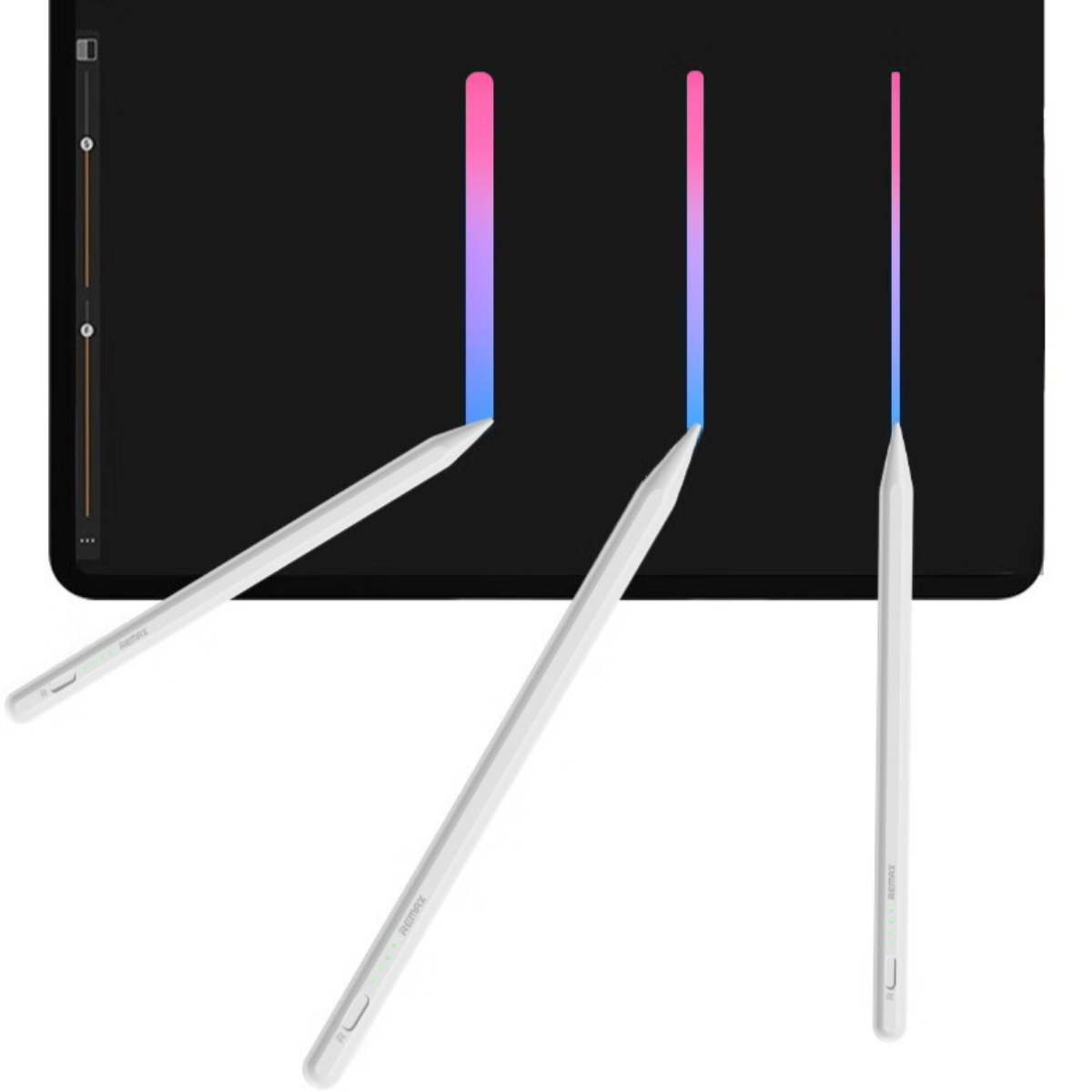 Drei weiße Stifte mit Farbverläufen auf einem schwarzen Tablet, die Zeichenstriche zeigen.