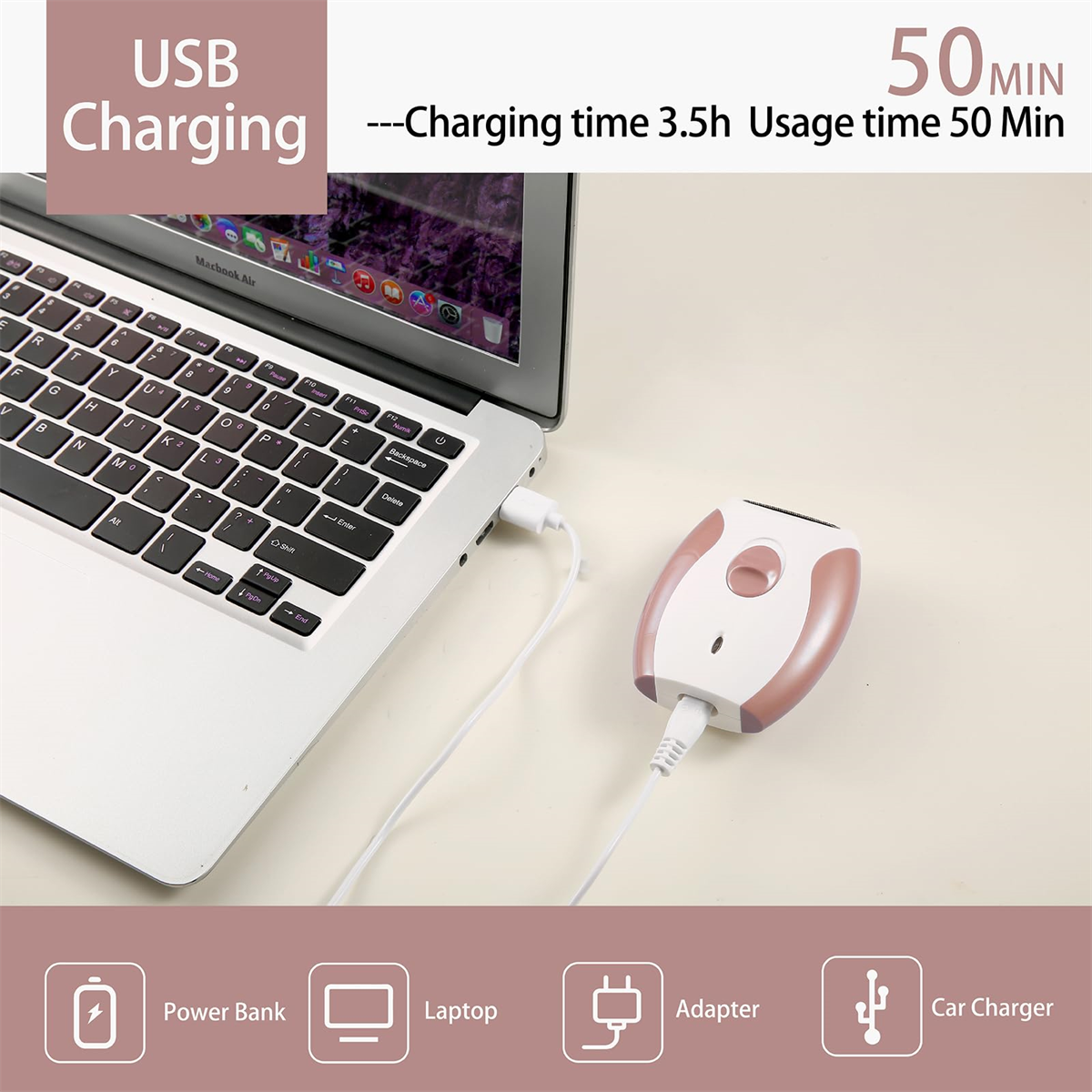 Ein Laptop mit einem rosa-weißen Epilierer, der über USB geladen wird. Die Ladezeit beträgt 3,5 Stunden.