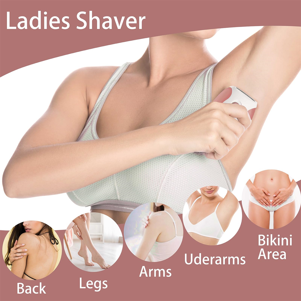 Eine Frau benutzt einen Damenshaver unter dem Arm, mit Körperbereichsdiagrammen.
