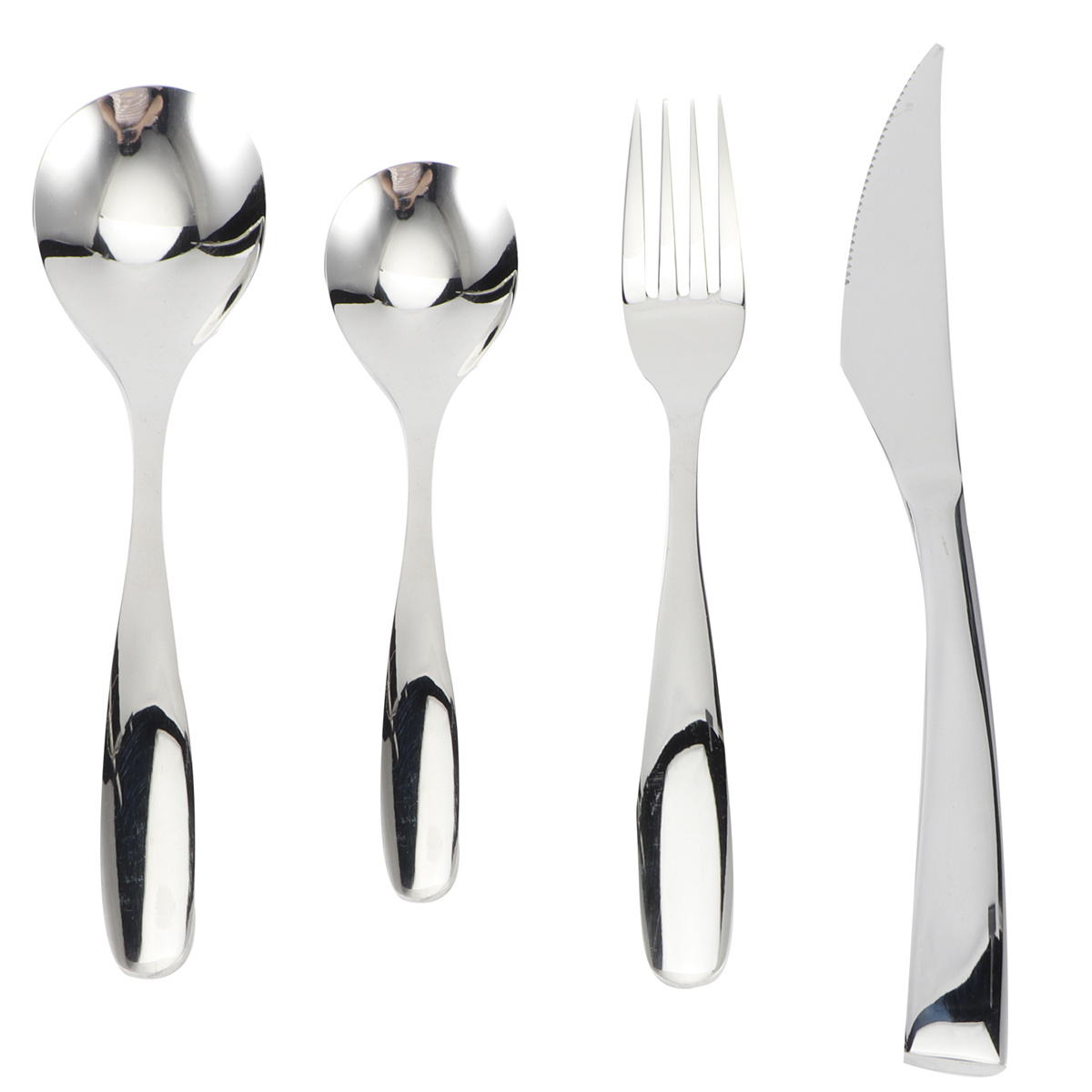 Silbernes Besteck-Set mit Löffel, kleinem Löffel, Gabel und Messer. Weißer Hintergrund.