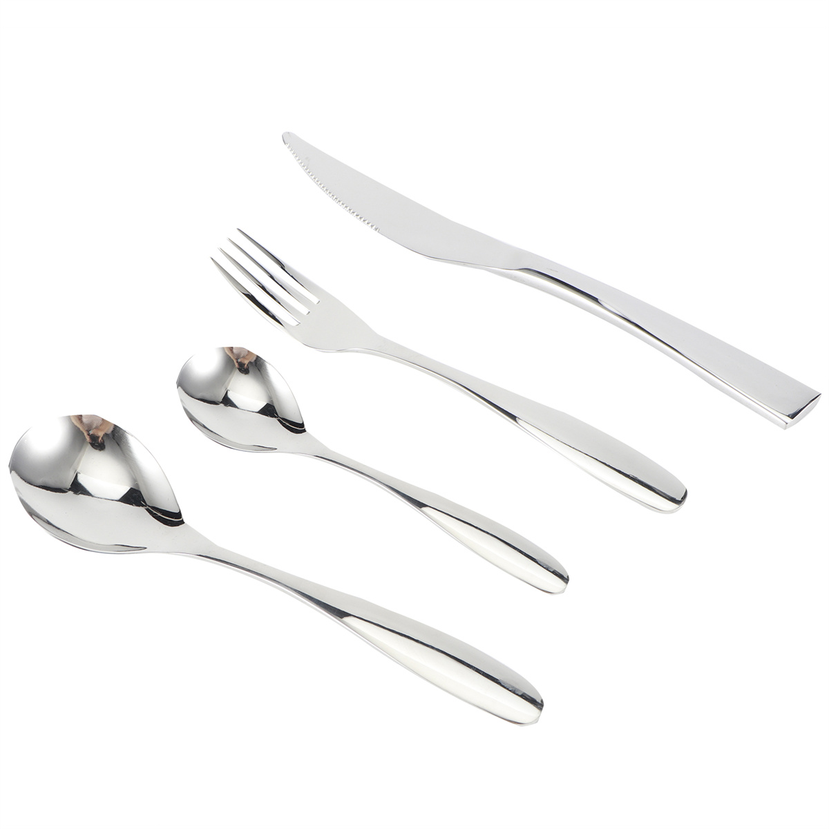 Vier Besteckteile: zwei Löffel, eine Gabel und ein Messer, alle mit glänzenden, reflektierenden Oberflächen.