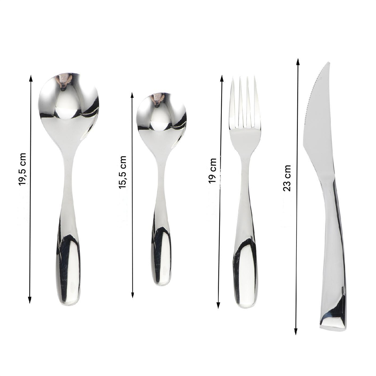 Silbernes Besteck-Set mit Löffel, kleinerem Löffel, Gabel und Messer. Abmessungen sind angegeben.