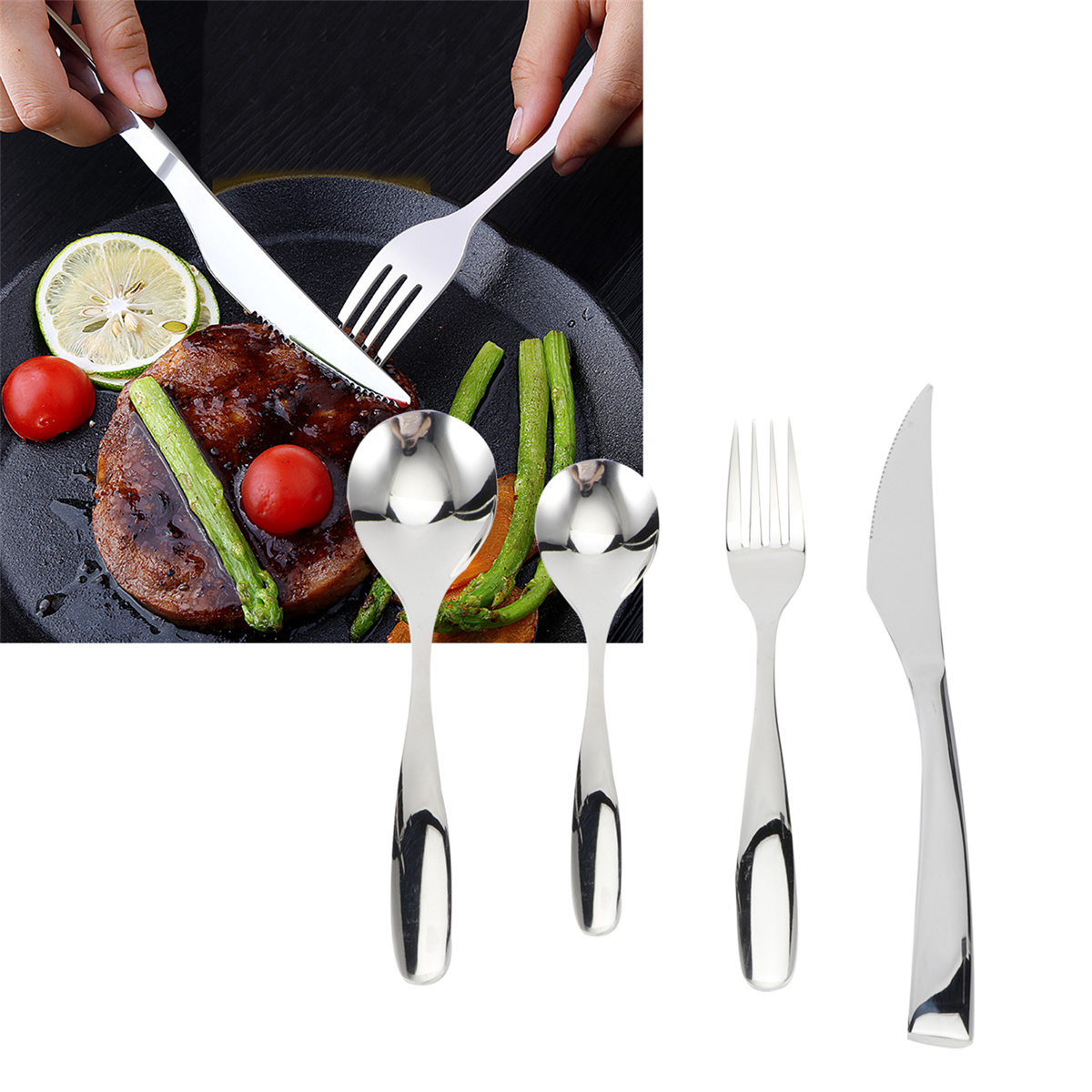 Tischgedeck mit Steak, Spargel, Tomaten und Besteck: Löffel, Gabeln und Messer.
