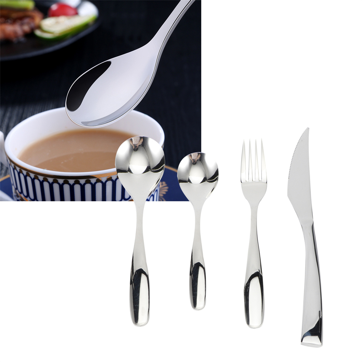 Silberner Löffel, Gabel und Messer. Eine Tasse Tee ist im Hintergrund.