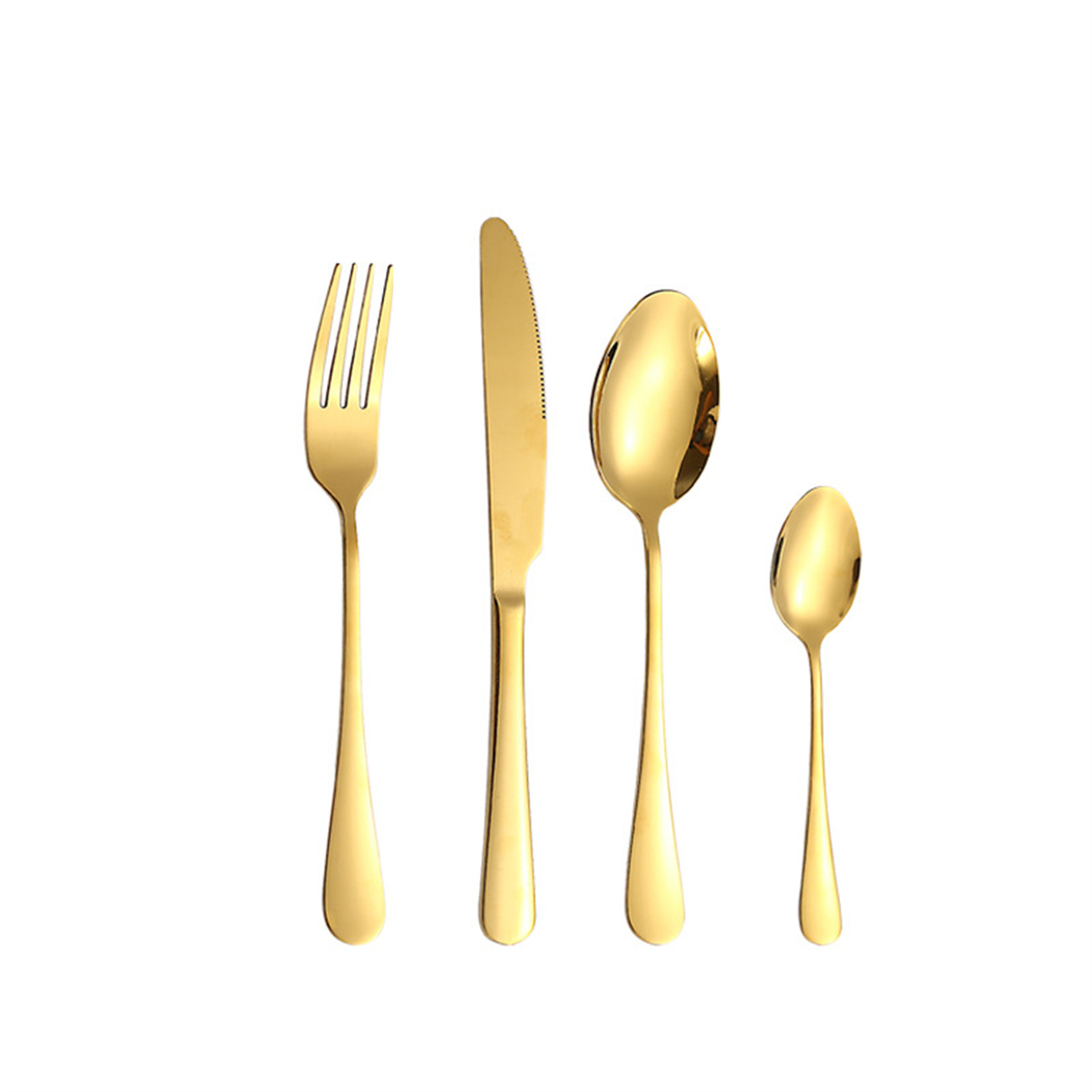 Goldfarbenes Besteckset: Gabel, Messer und zwei Löffel, angeordnet auf weißem Hintergrund.