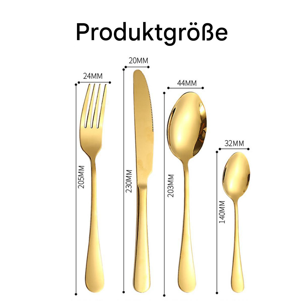 Goldfarbene Gabel, Messer, Löffel und kleiner Löffel. Für jedes Teil werden die Abmessungen angegeben.