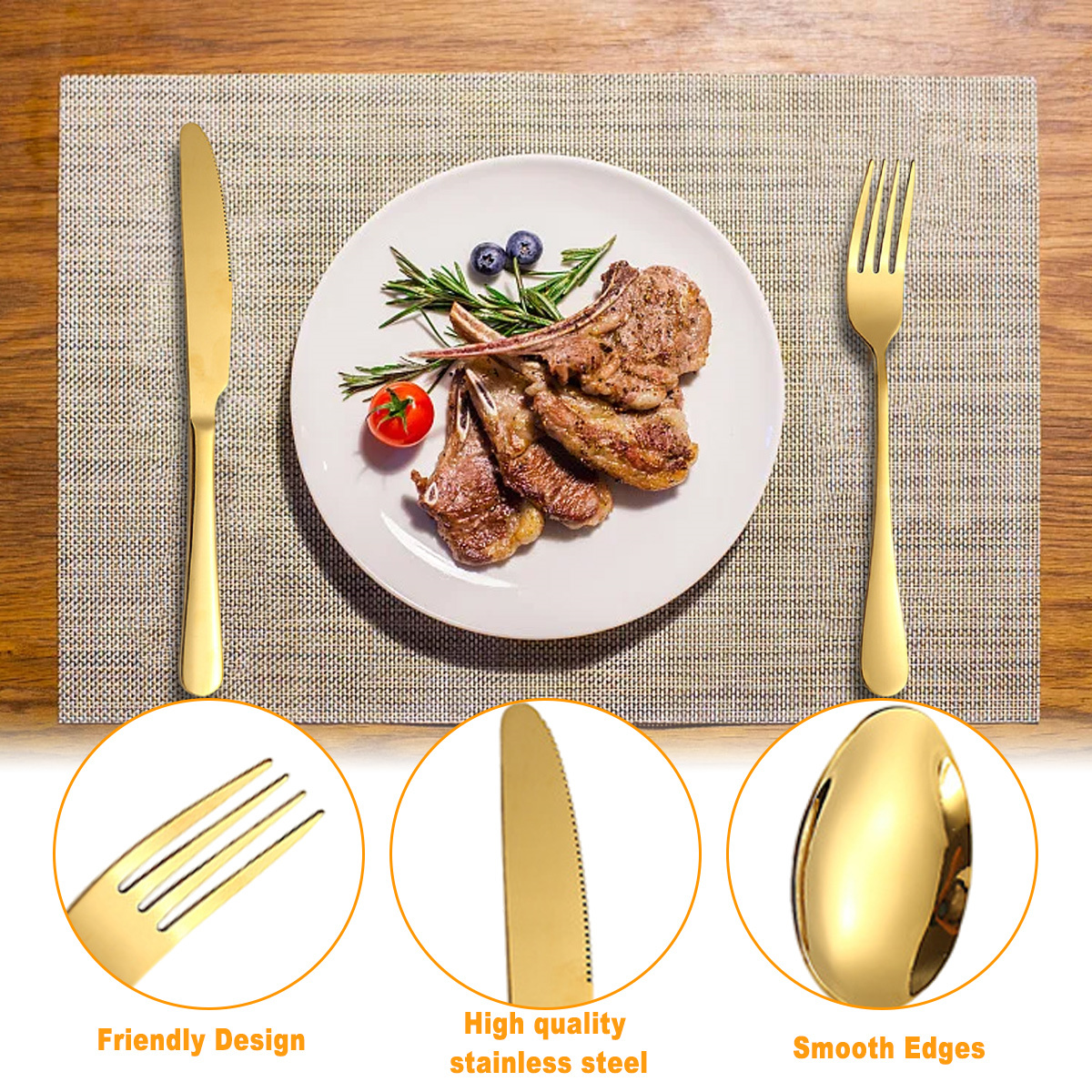 Ein Teller mit Essen und goldenem Besteck auf einem Platzset. Nahaufnahme des Bestecks.