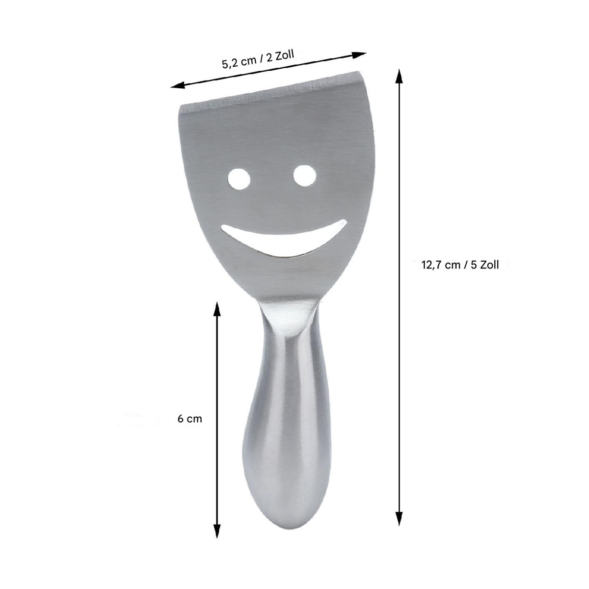 Ein Käsemesser aus Edelstahl mit einem Smiley-Gesicht-Ausschnitt.