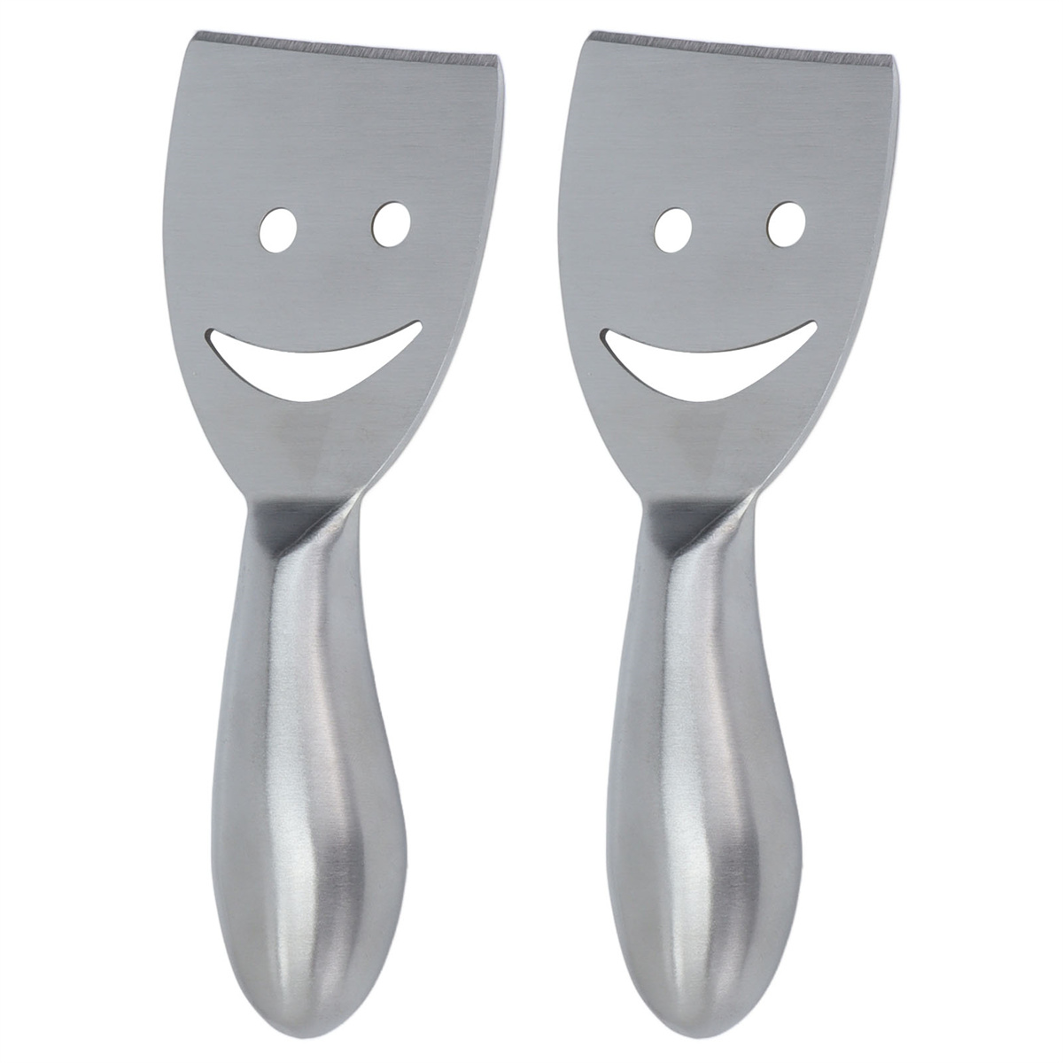 Zwei Edelstahl-Pfannenwender mit Smiley-Gesichtern. Weißer Hintergrund.