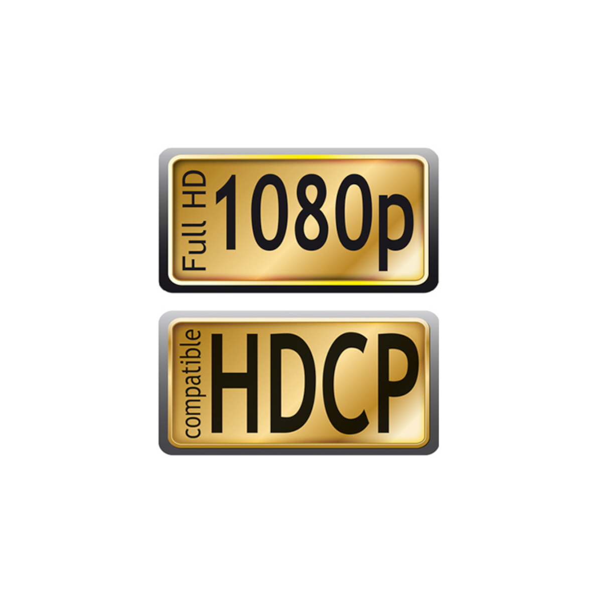 Zwei goldene Etiketten mit den Texten "1080p" und "HDCP compatible" auf weißem Hintergrund.