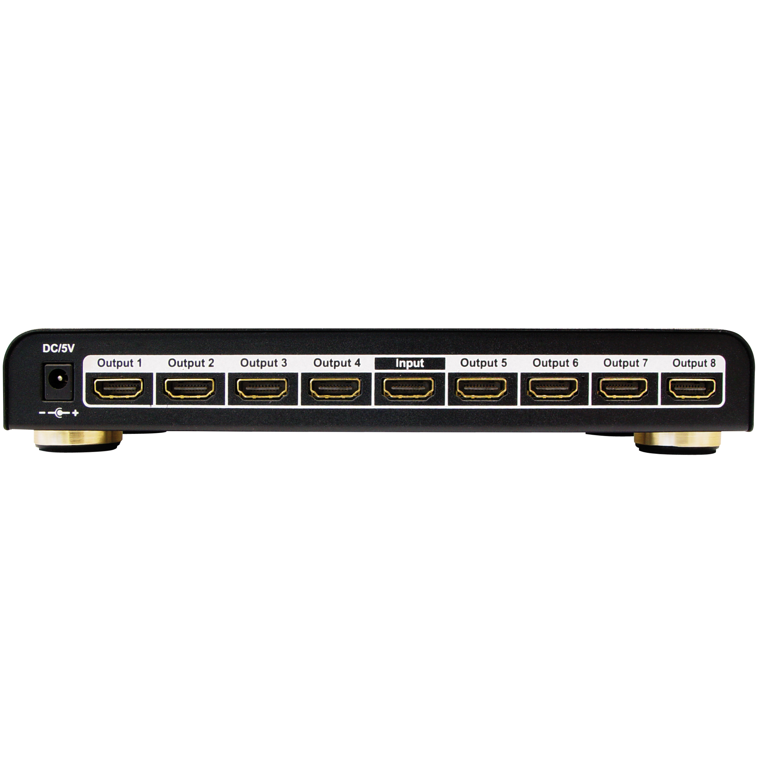 Ein schwarzer HDMI-Splitter mit mehreren Ausgangsanschlüssen. Das Gerät hat goldfarbene Füße und Eingangs-/Ausgangsbezeichnungen.