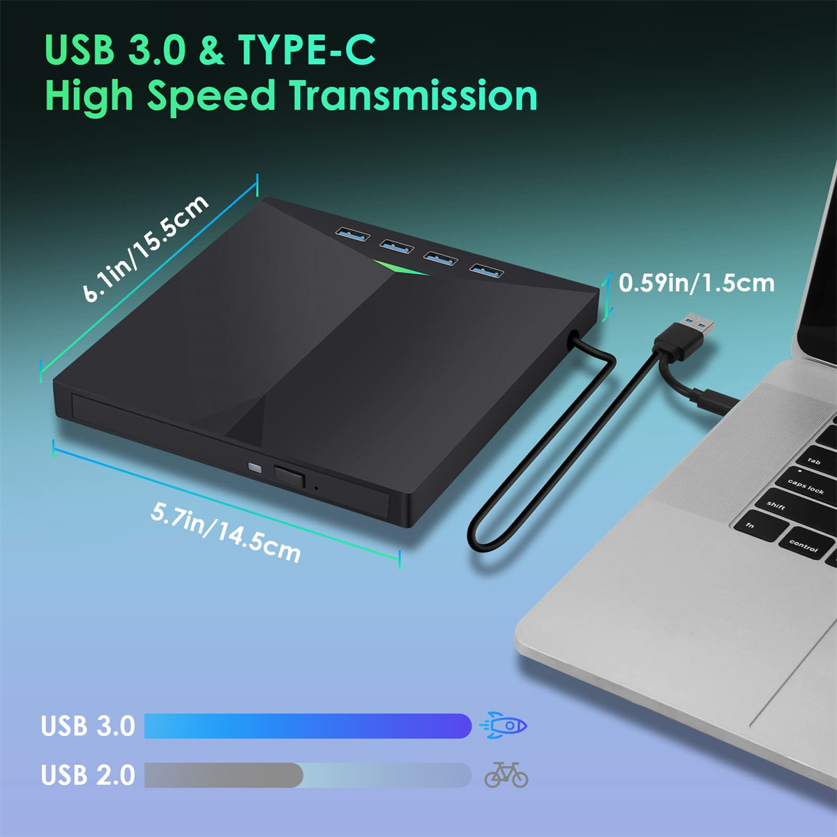 Schwarzer USB-Hub mit USB-Anschlüssen und einem Laptop, mit Text über Hochgeschwindigkeitsübertragung.