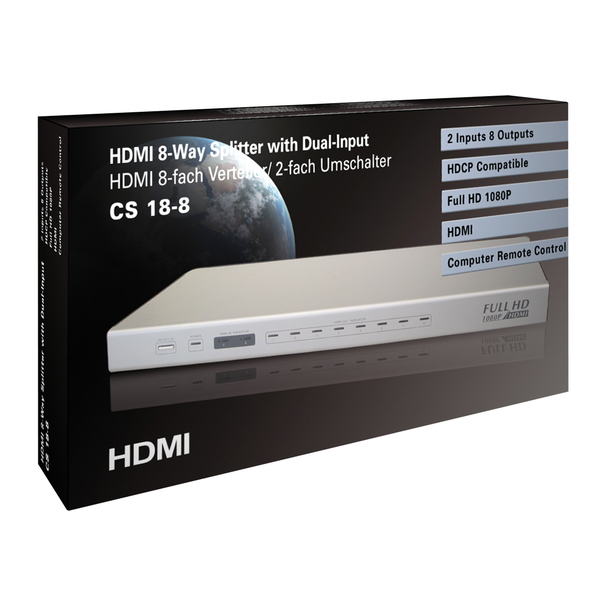 Schwarze Box mit HDMI-Splitter-Infos und einem Bild der Erde. Text enthält 'HDMI' und 'HD'.