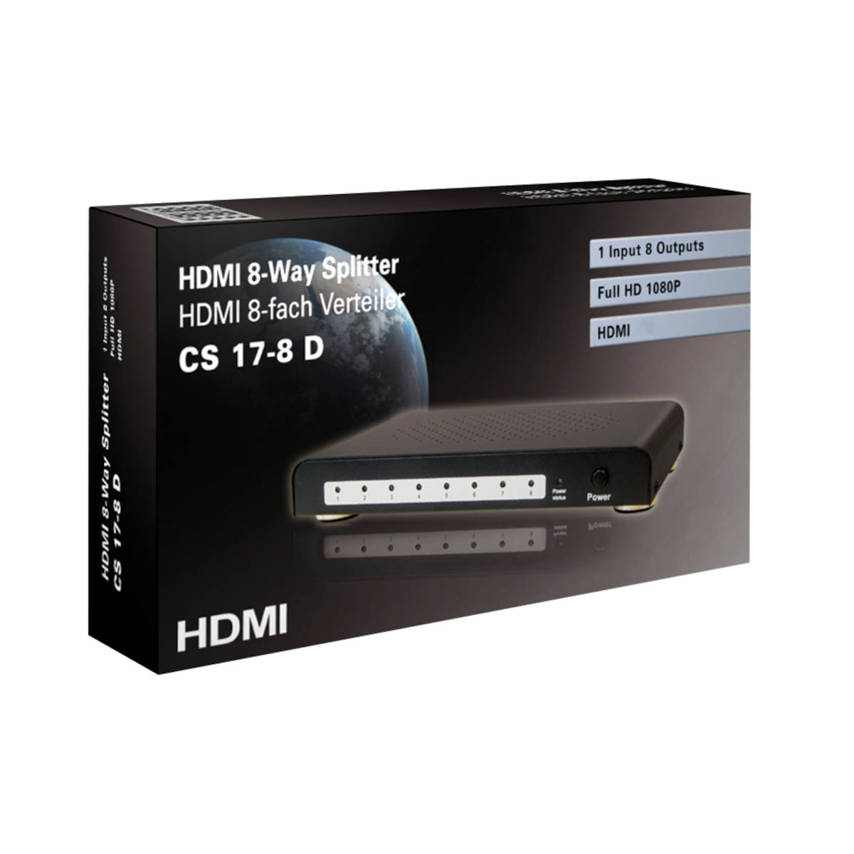 Schwarze Box mit einem HDMI-Splitter, die Box hat Etiketten.