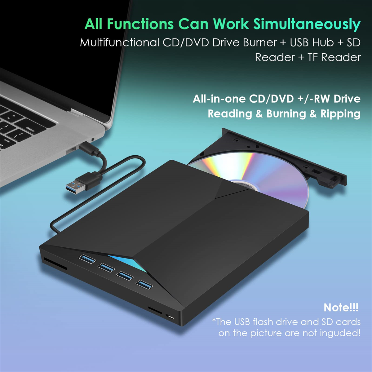 Ein All-in-One-CD/DVD-Laufwerk, das an einen Laptop angeschlossen ist, mit einer CD und USB-Anschlüssen.