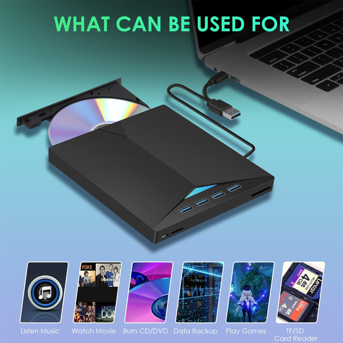 Schwarzes externes DVD-Laufwerk mit CD, USB und TF/SD-Kartenleser.
