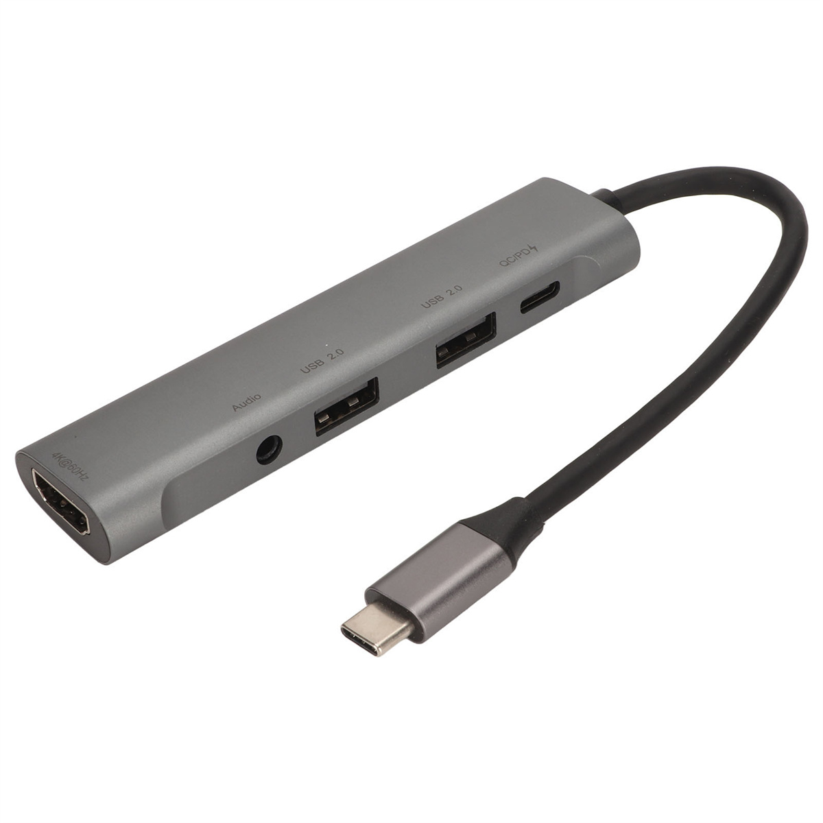 Ein grauer Multiport-Adapter. Enthält HDMI-, USB- und USB-C-Anschlüsse.