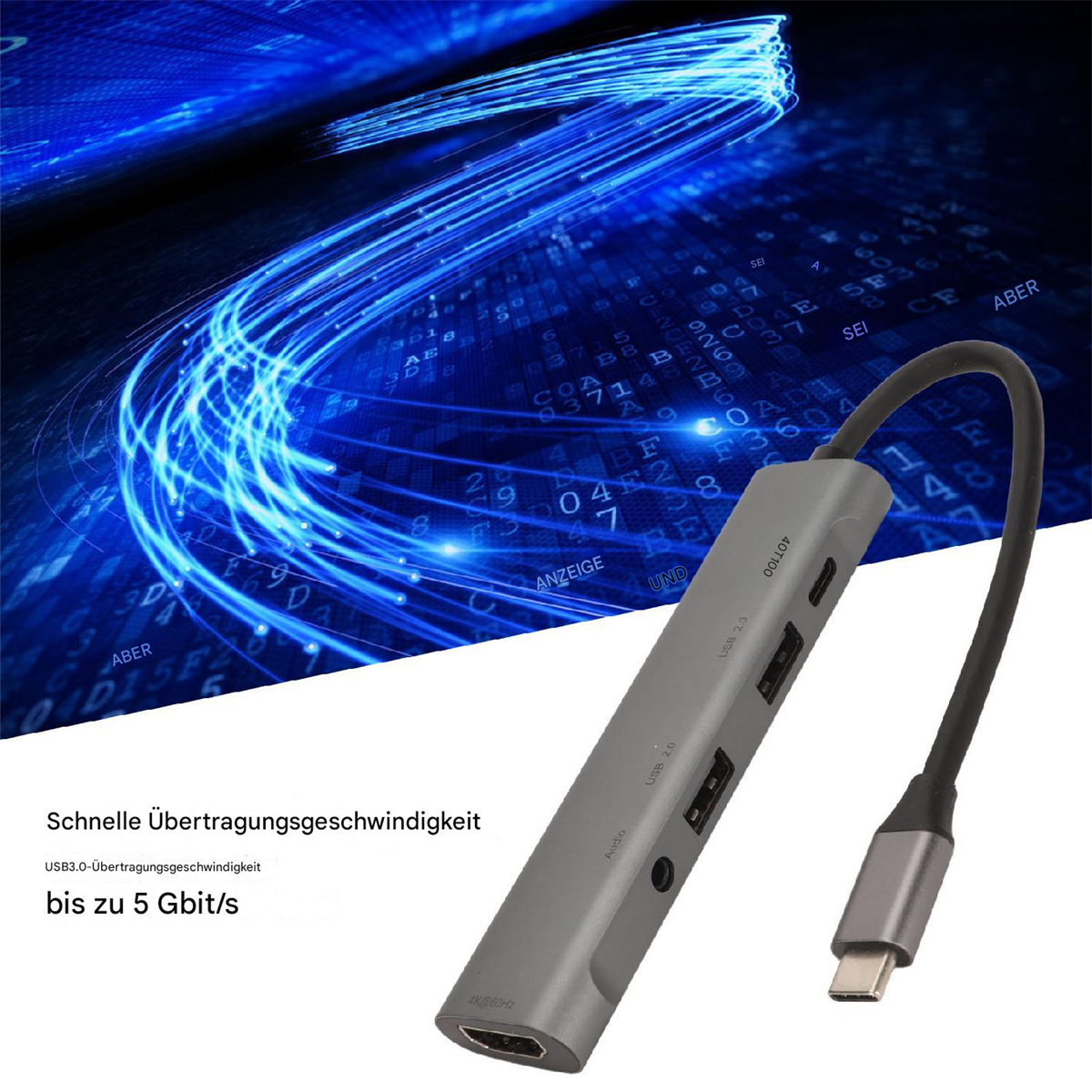 Ein grauer USB-Hub mit mehreren Anschlüssen, verbunden mit einem Kabel, vor blauem Hintergrund.