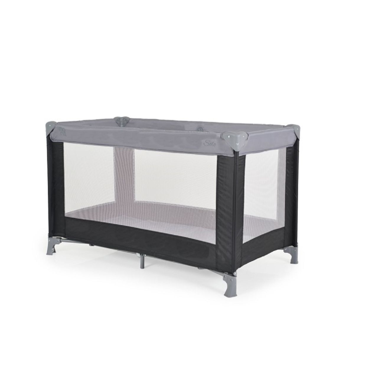 Grau-schwarzer Laufstall mit Gittern, schlichtes Design. Weißer Hintergrund.