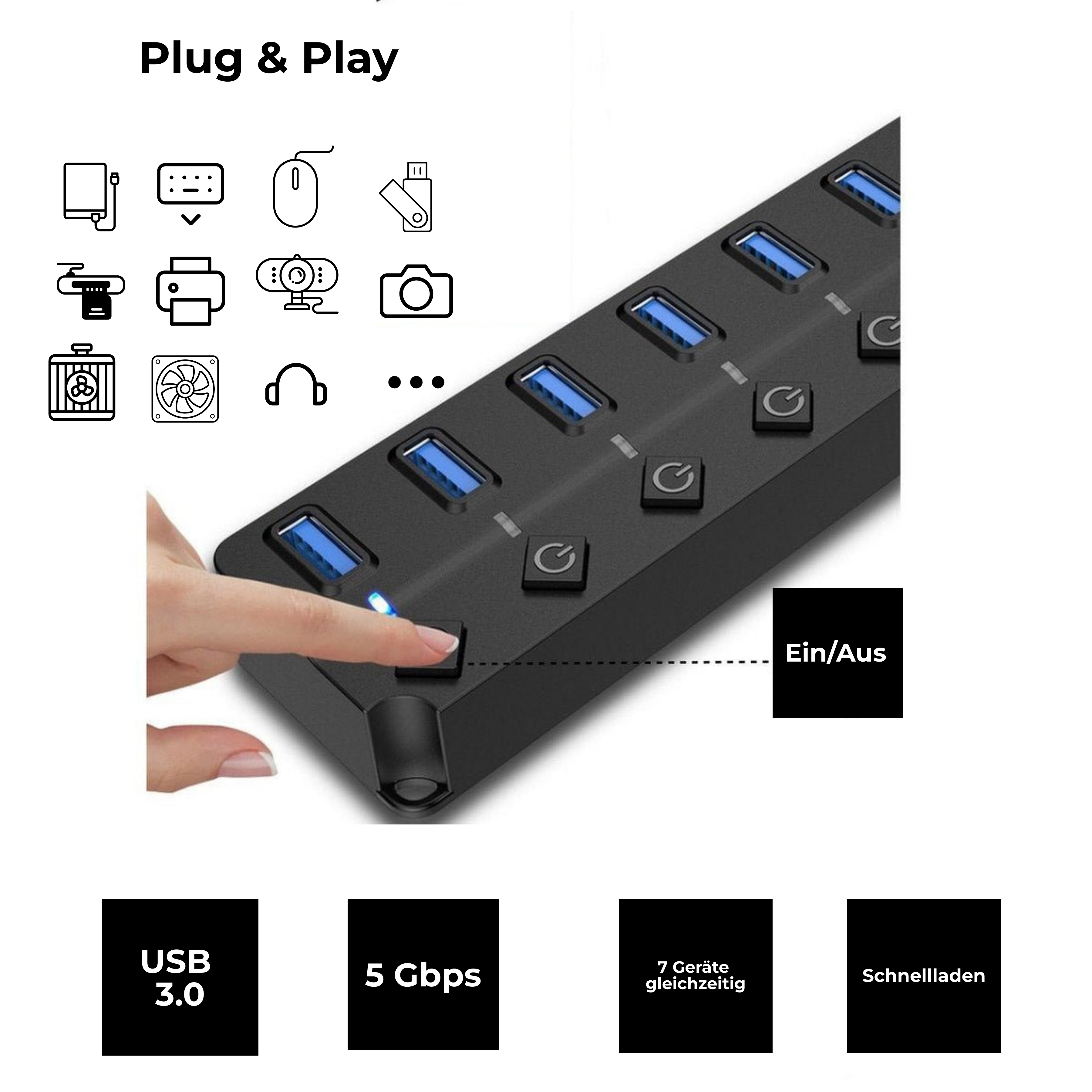 Schwarzer USB-Hub mit blauen USB-Anschlüssen und Einschaltknöpfen. Zeigt Symbole für Geräte.