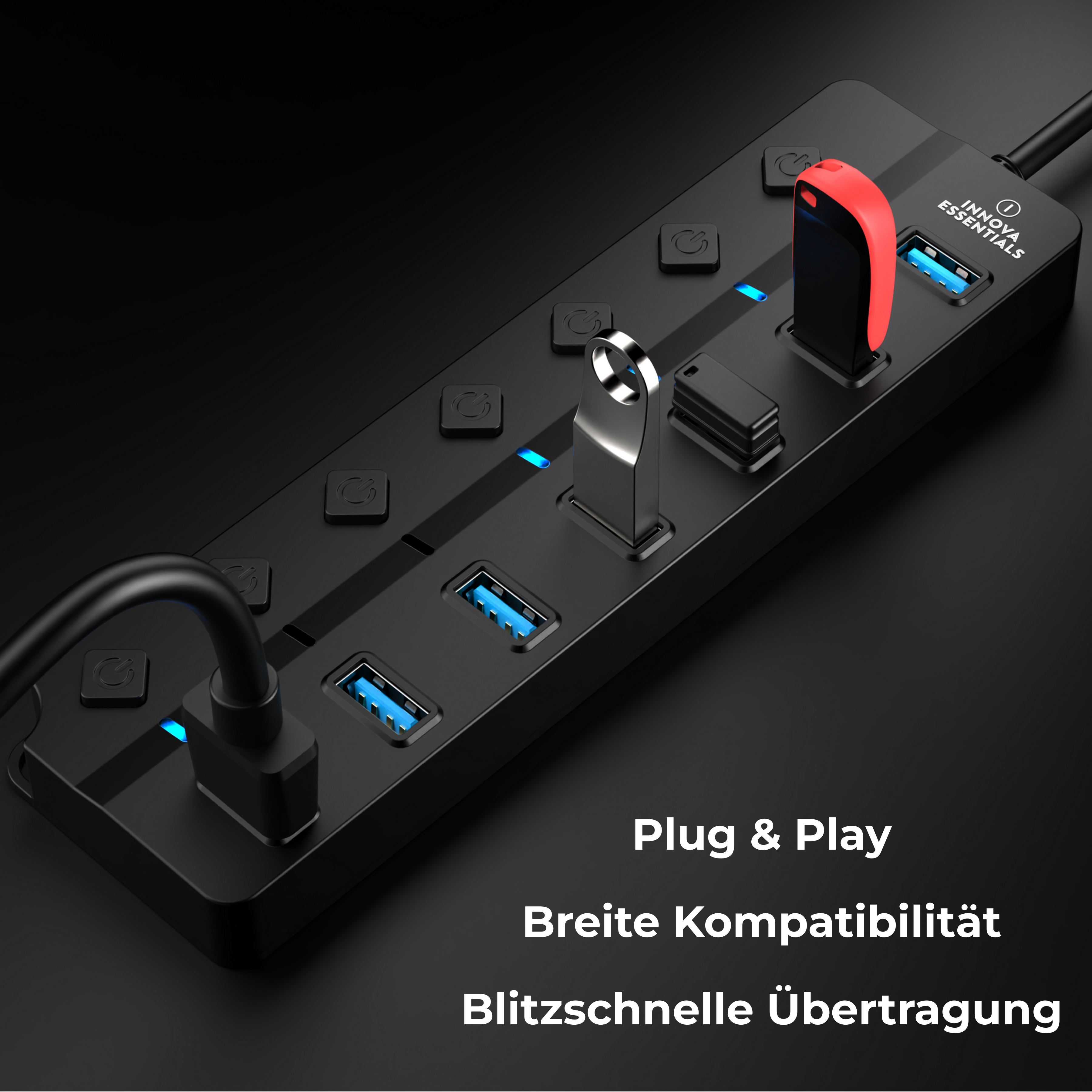 Schwarzer USB-Hub mit mehreren Anschlüssen, einem USB-Stick und blau leuchtenden Lichtern.