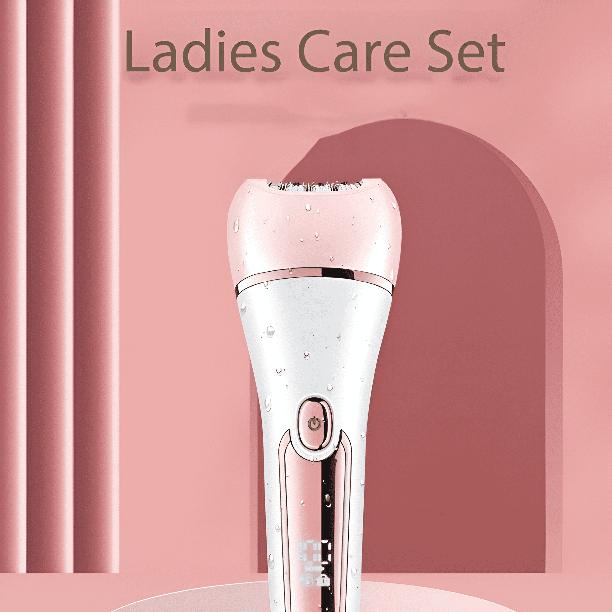 Ladies Care Set, elektrischer Rasierer, weiß und roségold, mit Wassertropfen.