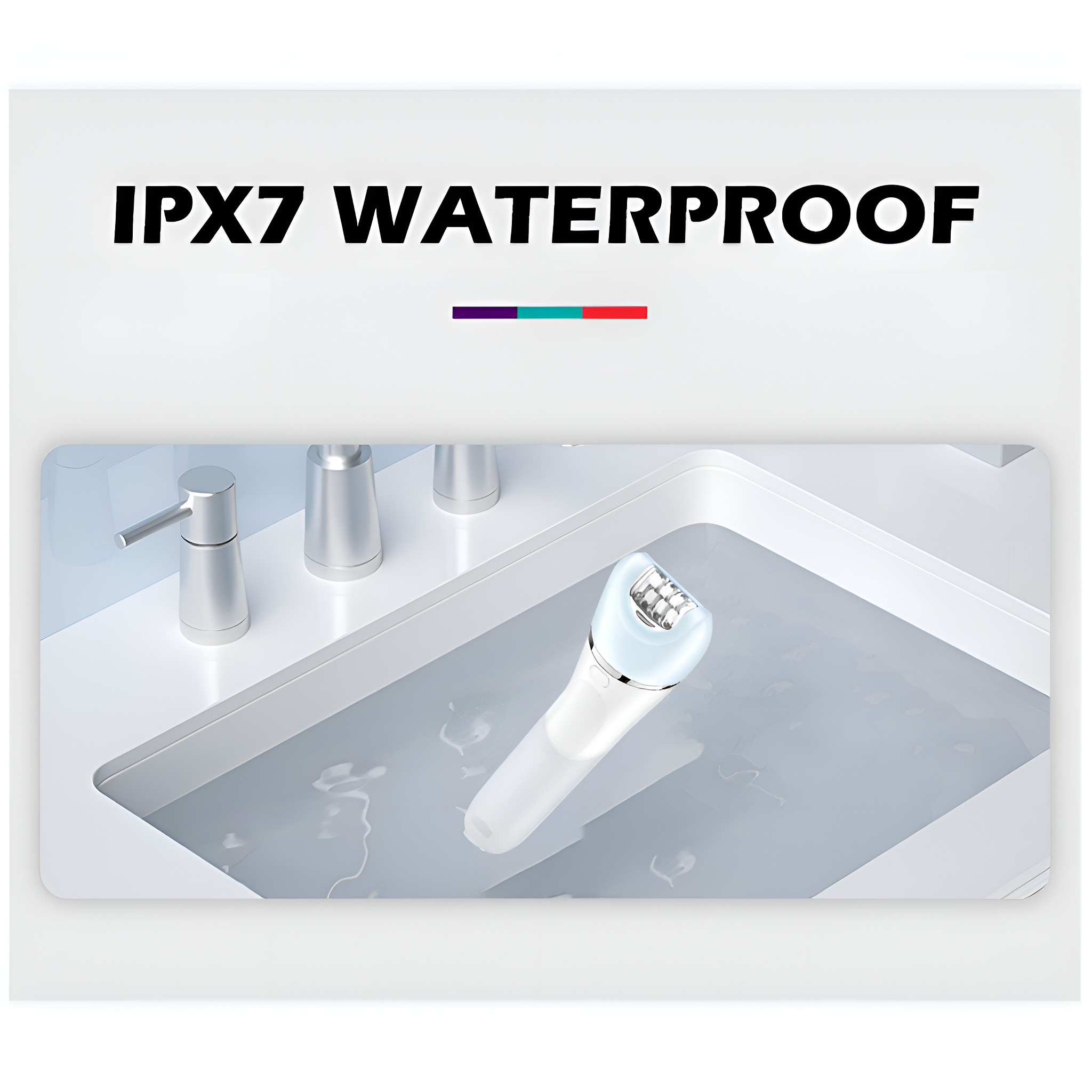 Weißer Epilierer in Wasser getaucht, mit dem Text 'IPX7 WASSERDICHT' darüber.