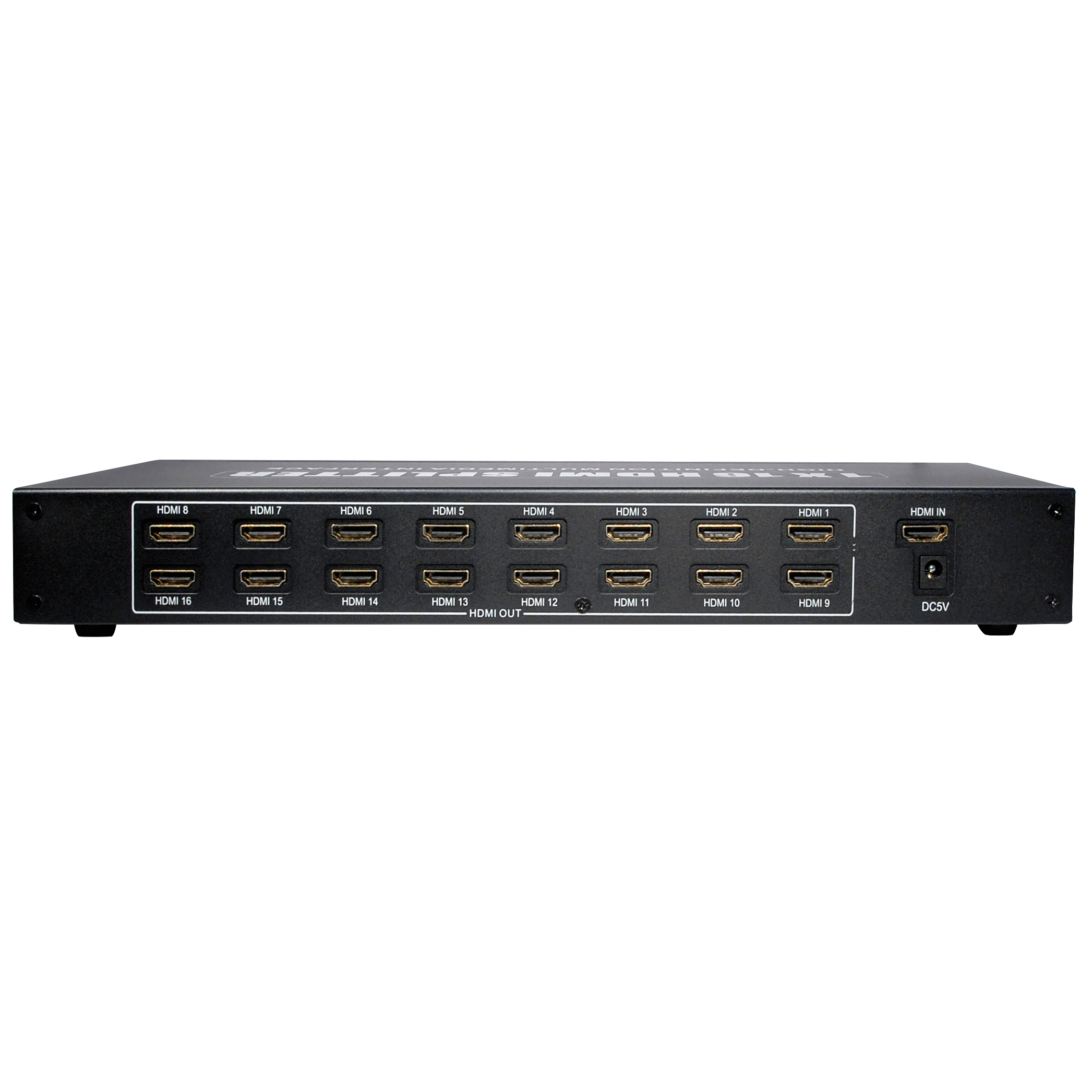 Schwarzer HDMI-Matrix-Switch mit mehreren HDMI-Anschlüssen.