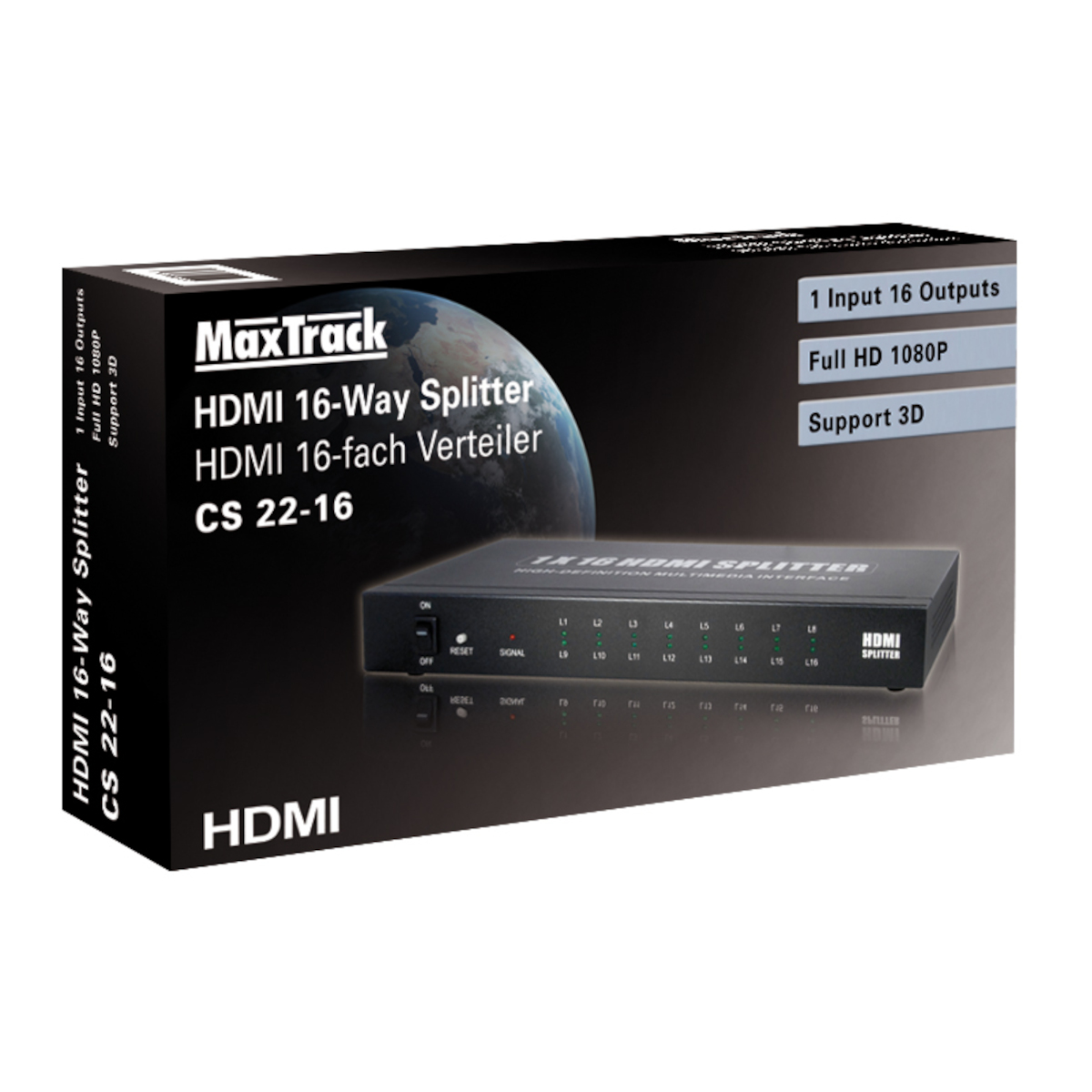 Schwarze Box mit HDMI-Splitter-Etikett. Weißer Text auf der Box.