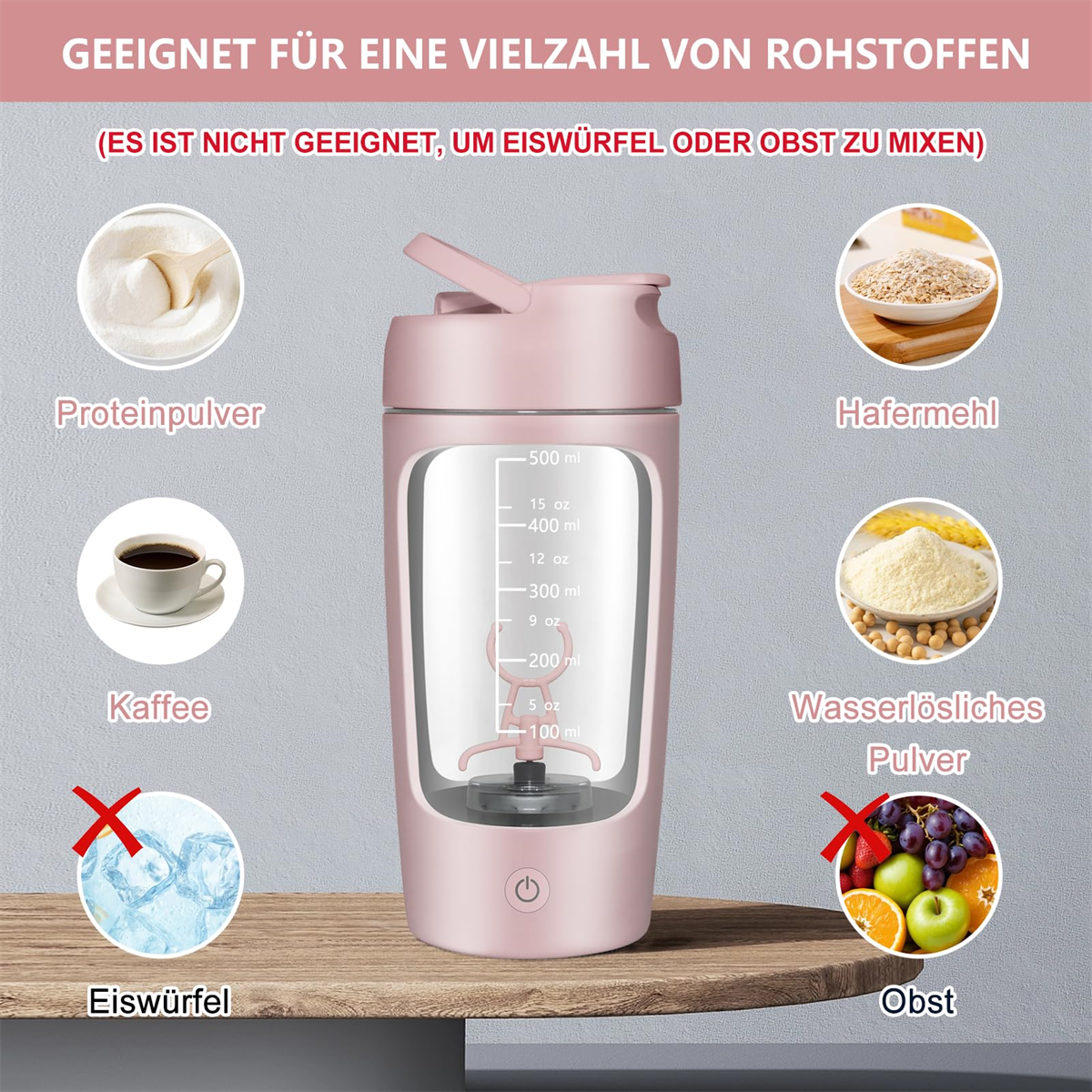 Ein pinkfarbener Mixer mit Zutaten drumherum, darunter Proteinpulver, Kaffee und Obst.