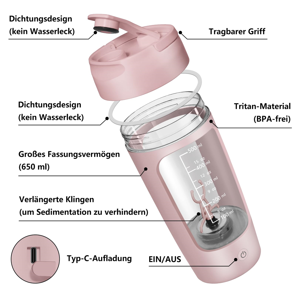Rosa Blender mit Etiketten, zerlegt, mit Komponenten gezeigt.