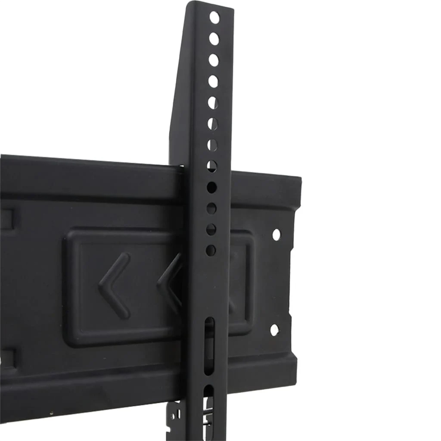 Schwarze TV-Halterung mit vertikaler Schiene mit Löchern und Pfeilen, Nahaufnahme auf weißem Hintergrund.
