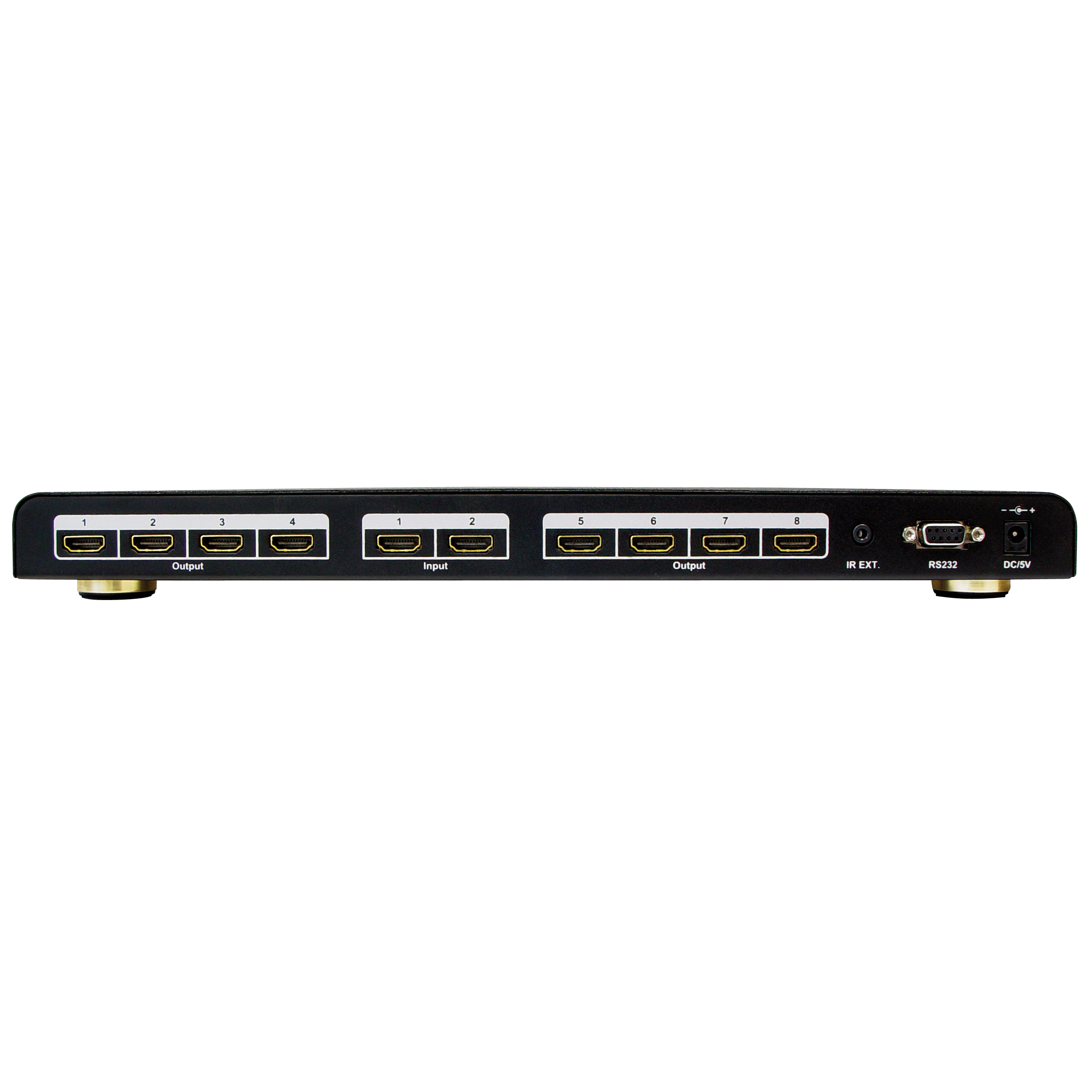 Schwarzer HDMI-Splitter mit mehreren Anschlüssen. Weißer Hintergrund.