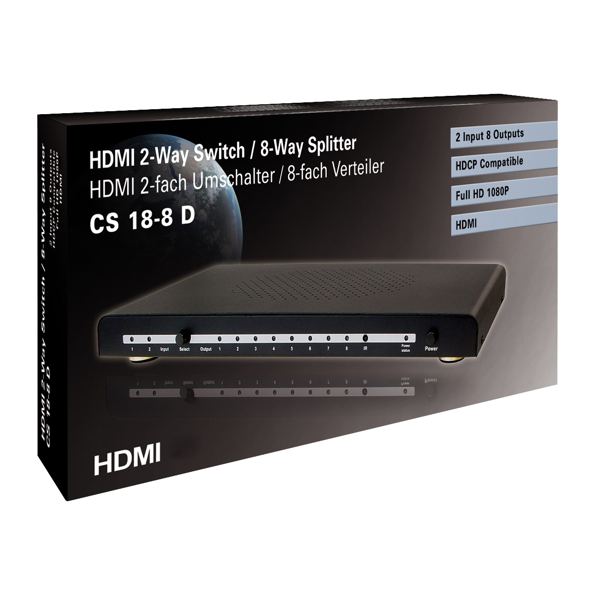 Ein schwarzer HDMI 2-Wege-Switch mit 8 Ausgängen, eine Box mit den Produktinformationen und ein weißer Hintergrund.